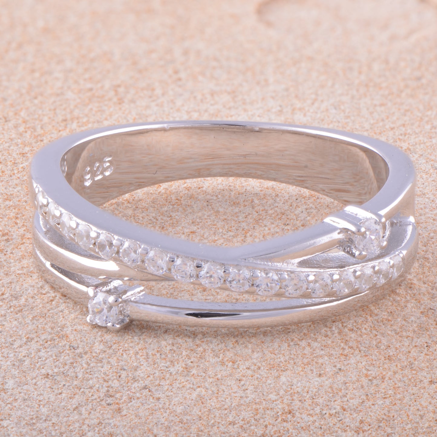 White Gold Over Sterling Silver Womens Cz Criss Cross Flower Stacking Ring