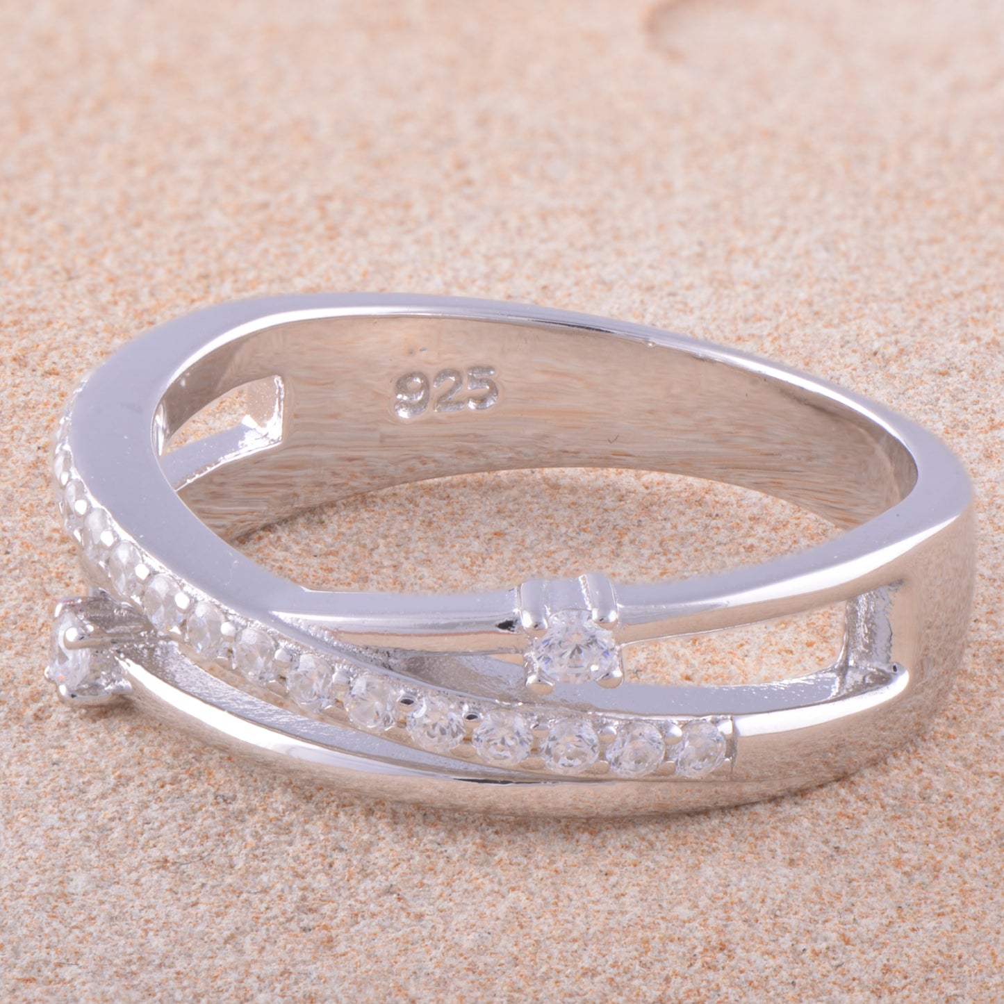 White Gold Over Sterling Silver Womens Cz Criss Cross Flower Stacking Ring