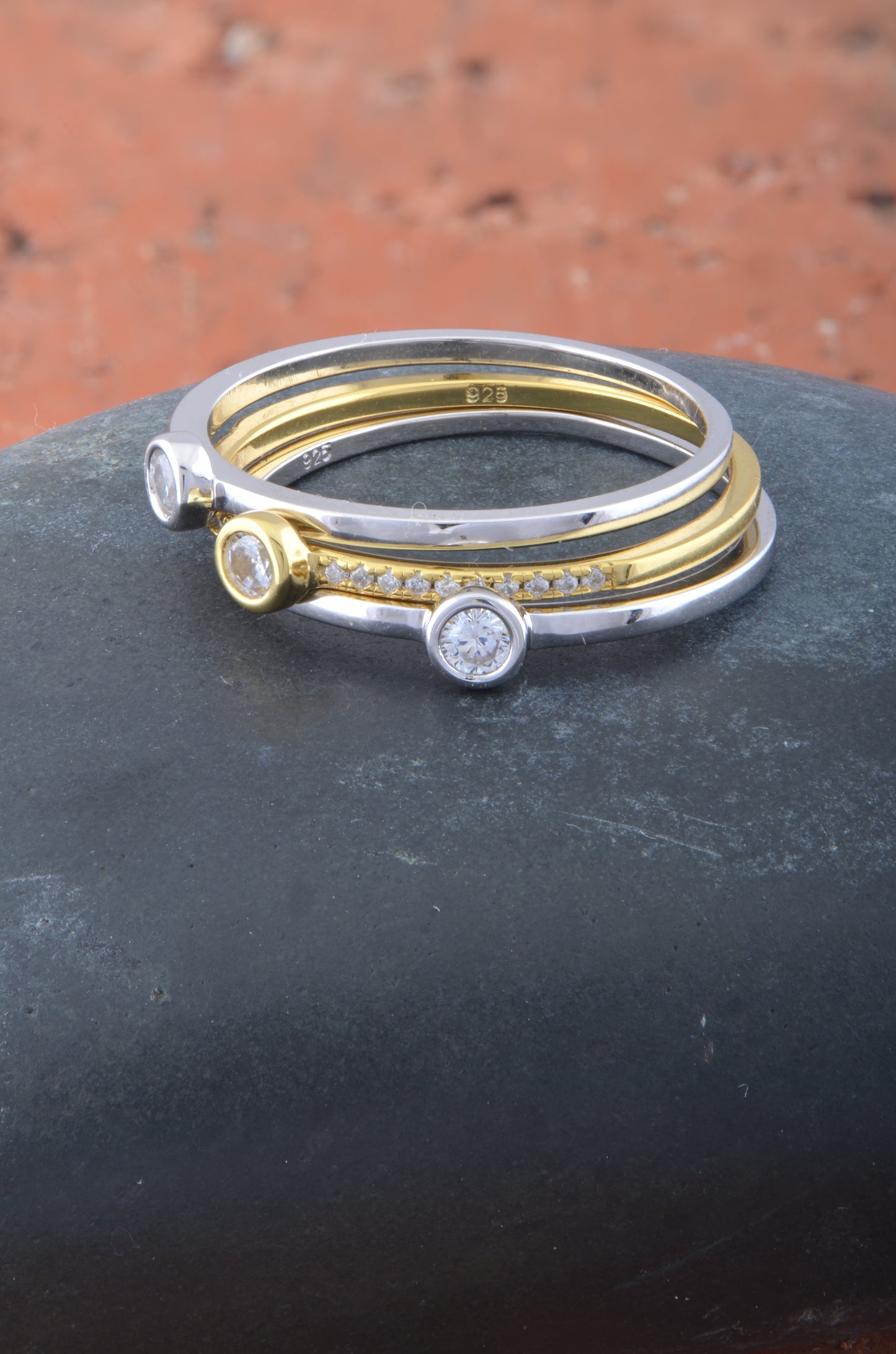 Yellow & White Gold Over Sterling Silver Womens Cz Stacked Three Ring Set