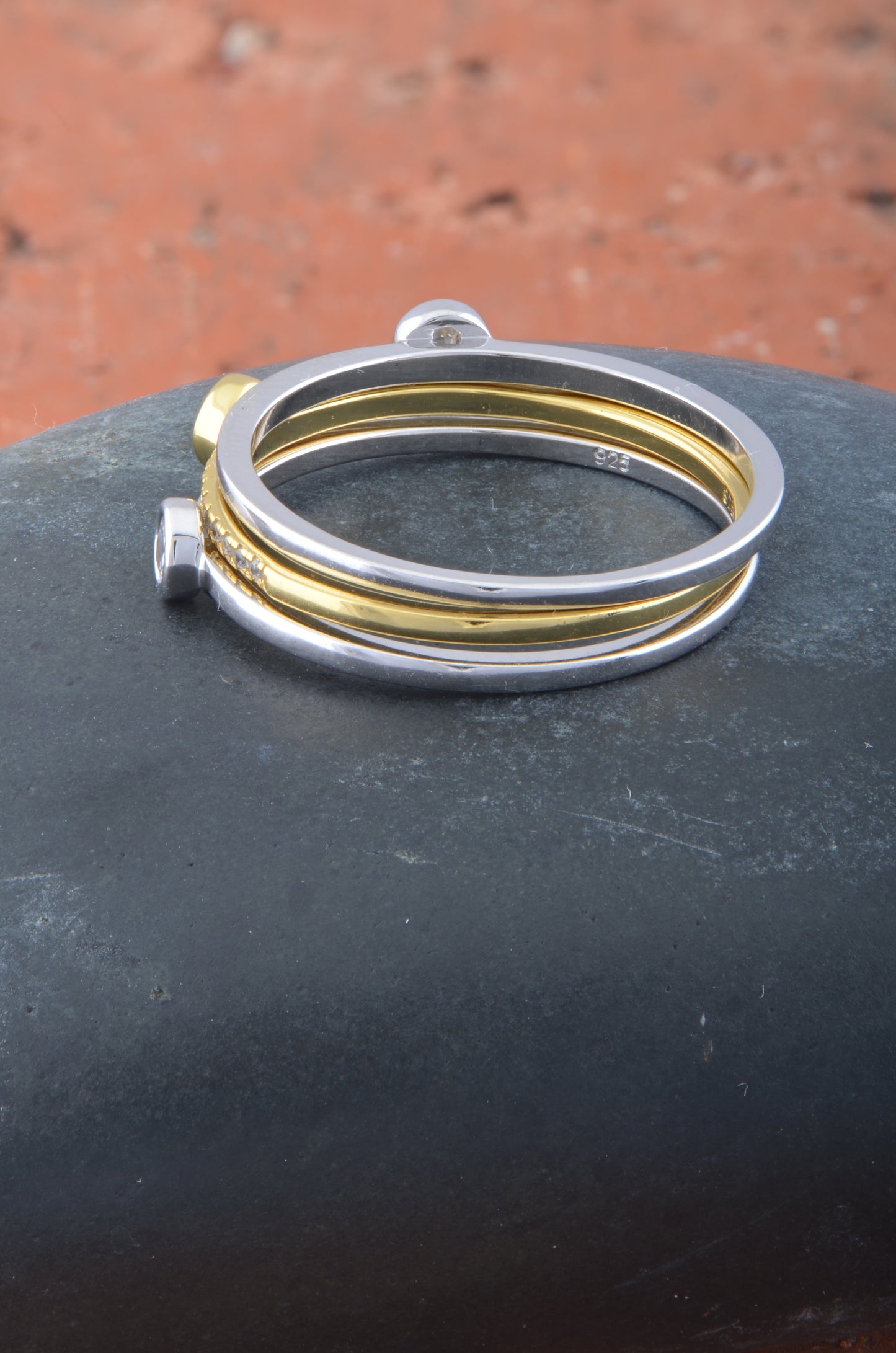 Yellow & White Gold Over Sterling Silver Womens Cz Stacked Three Ring Set