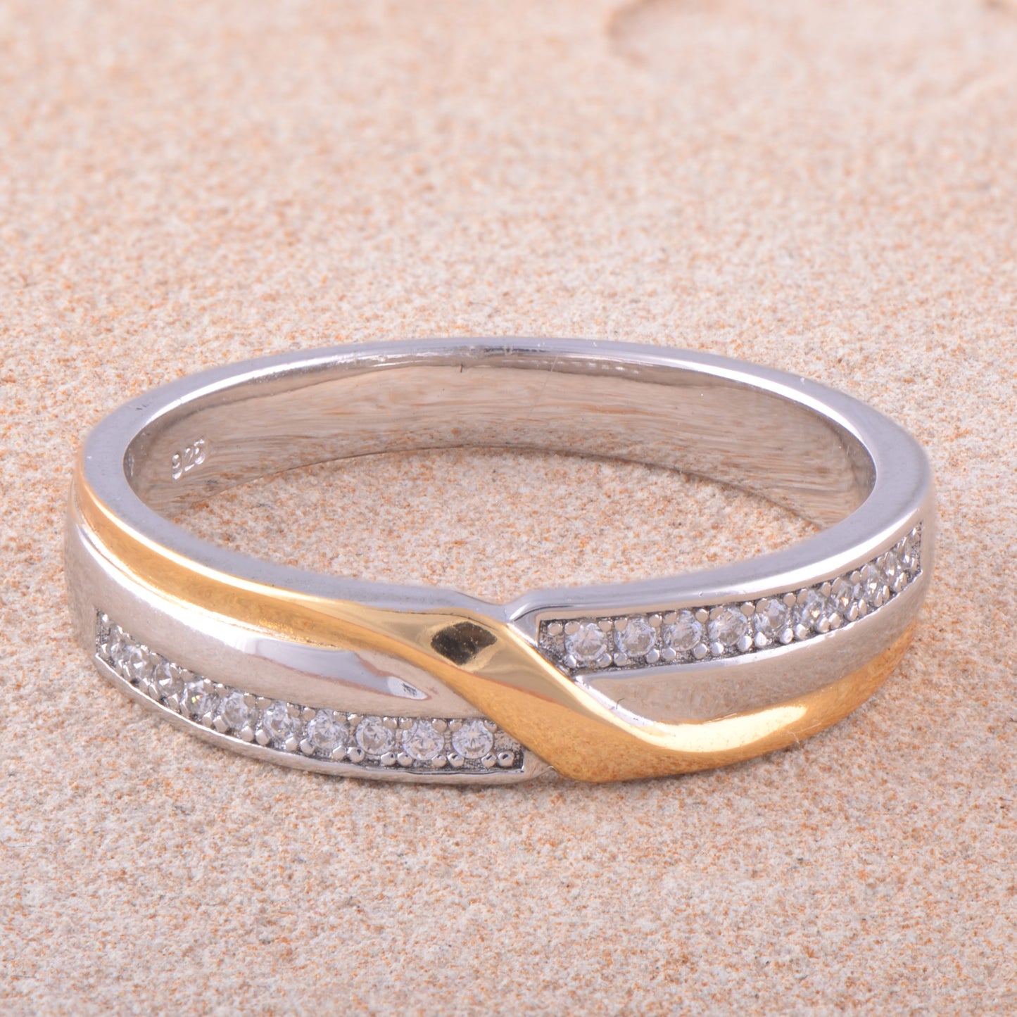 Yellow & White Gold Over Sterling Silver Unisex Cz Swish Ring