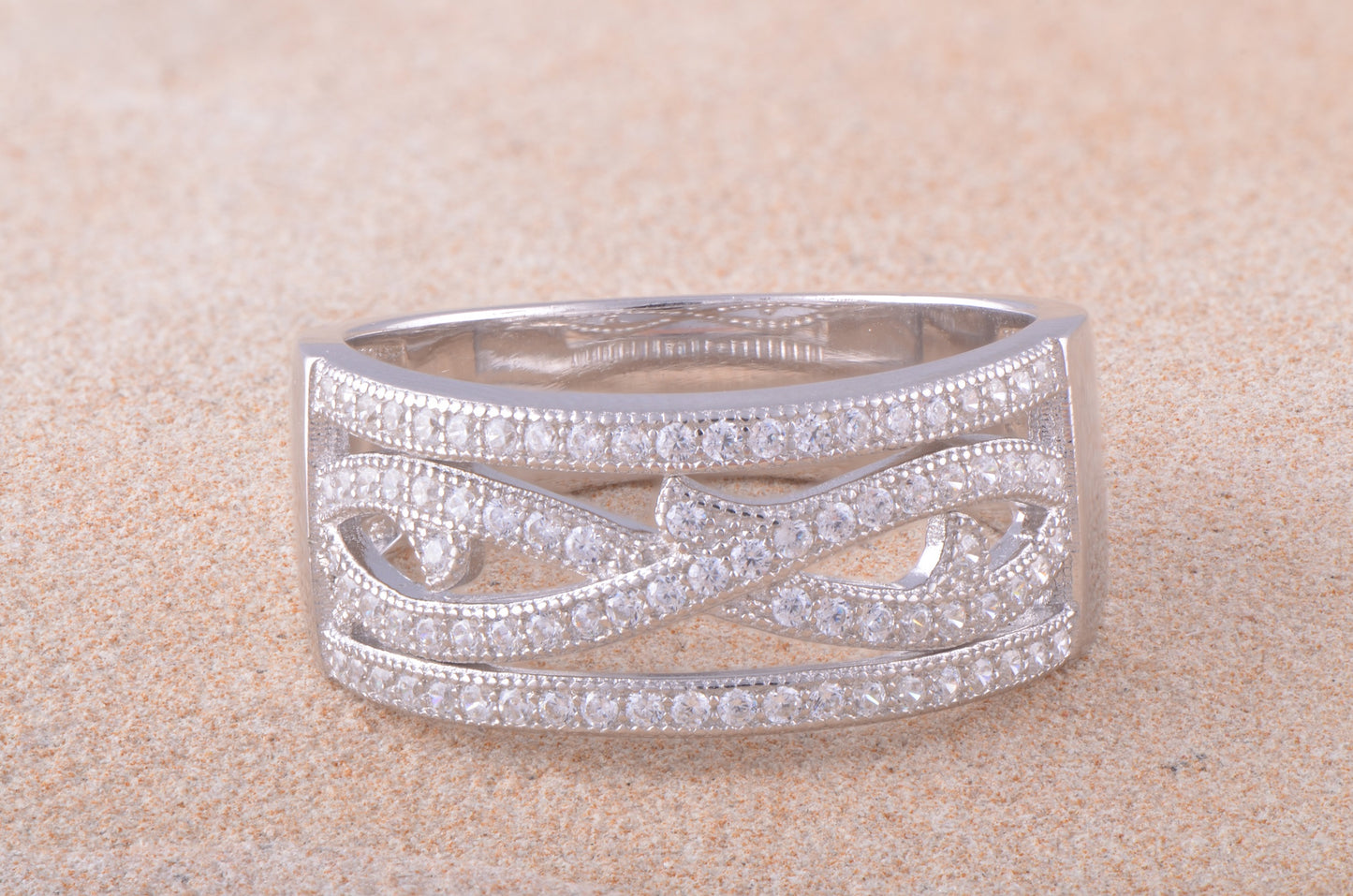 White Gold Over Sterling Silver Ladies Cz Wide Infinity Statement Ring