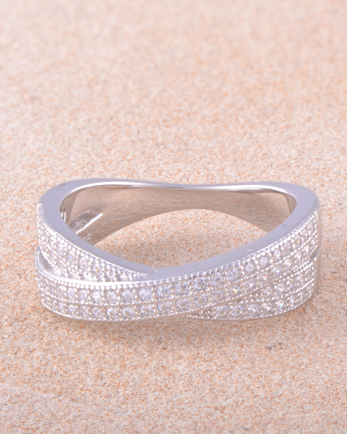 White Gold Over Sterling Silver Womens Cz CrissCross X Ring