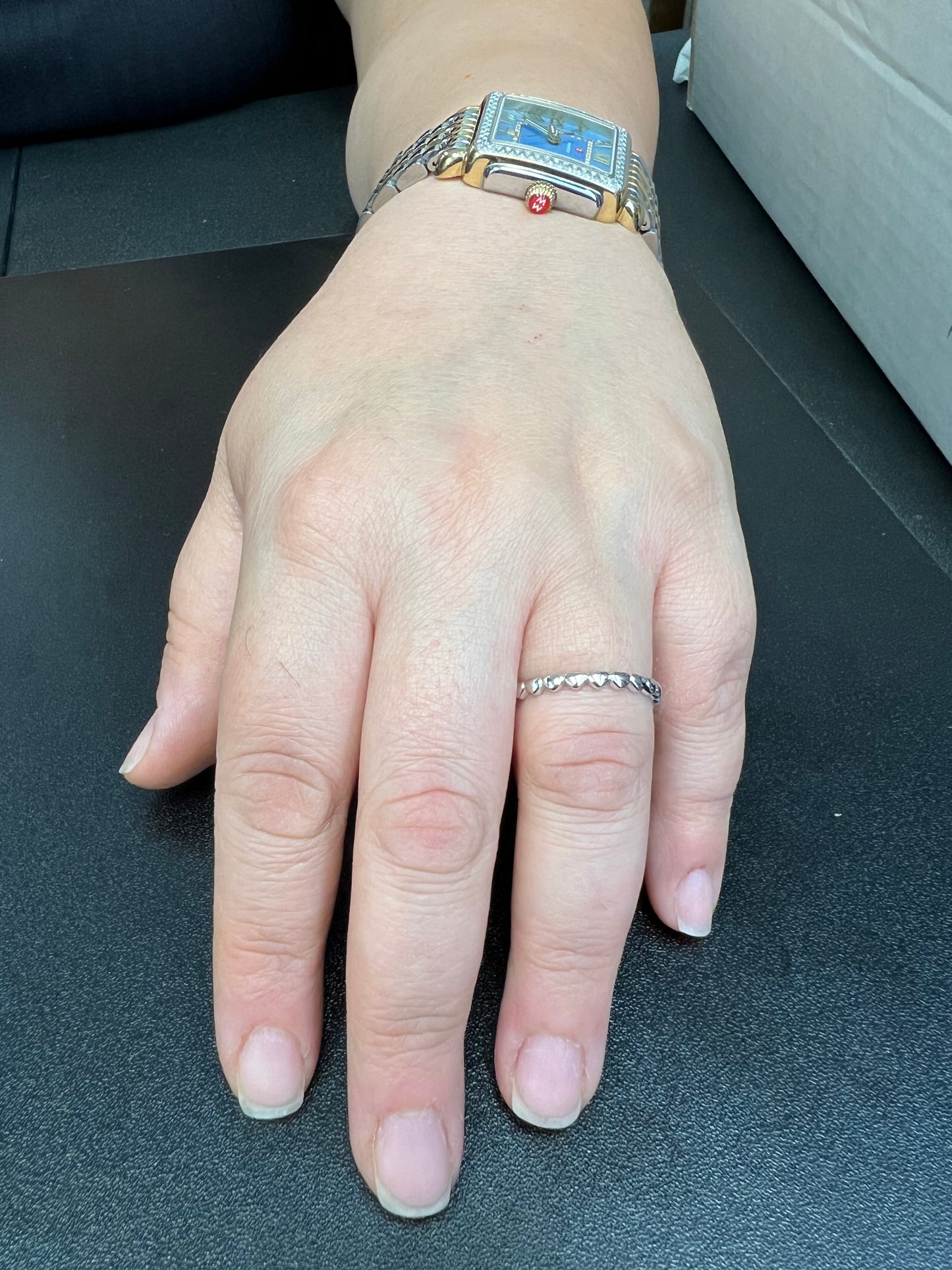 White Gold over Sterling Silver Women's Repeating Heart Thin Eternity Band
