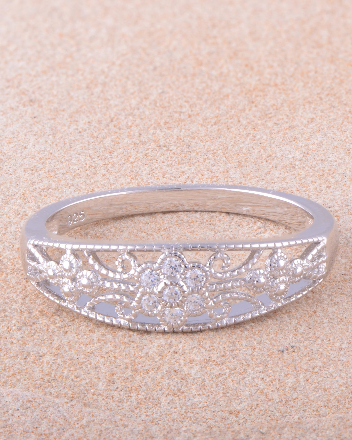 White Gold Over Sterling Silver Womens Dainty Filigree Cz Victorian Flower Ring