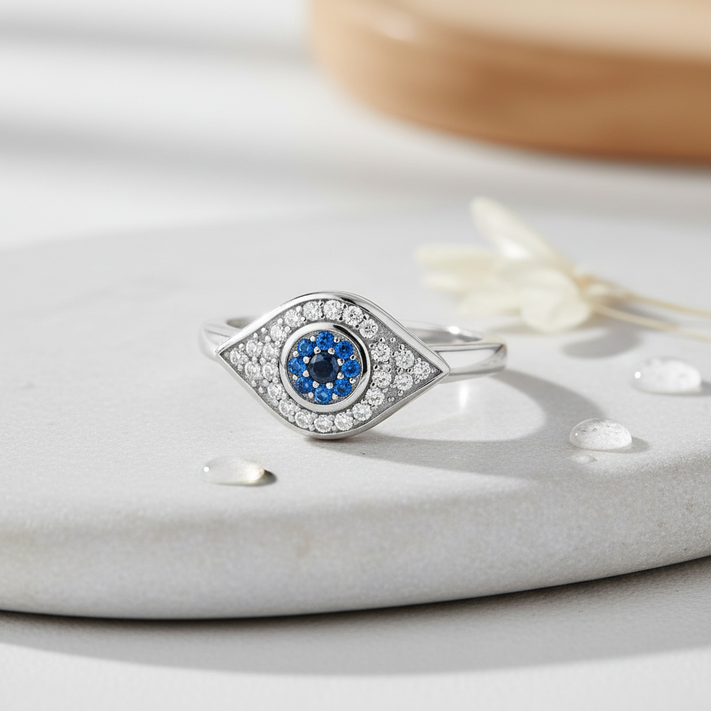White Gold over Sterling Silver Women's Blue CZ Evil Eye Amulet Ring