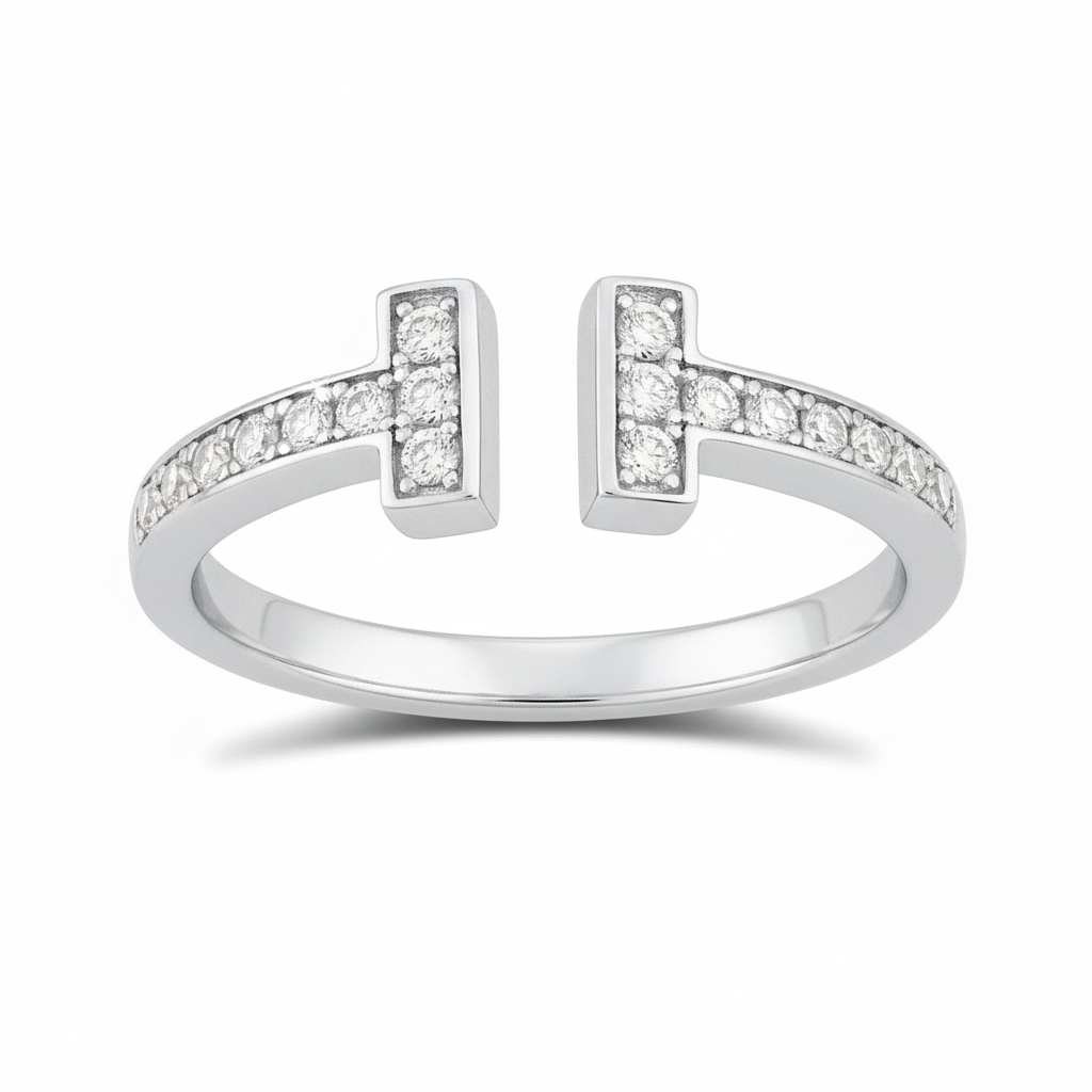 White Gold Plated Sterling Silver Moissanite Open T Band Ring – Modern Elegant Statement Jewelry