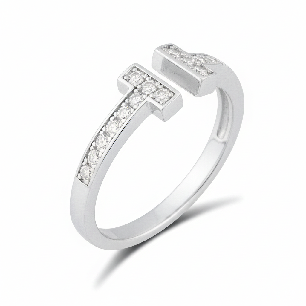 White Gold Plated Sterling Silver Moissanite Open T Band Ring – Modern Elegant Statement Jewelry