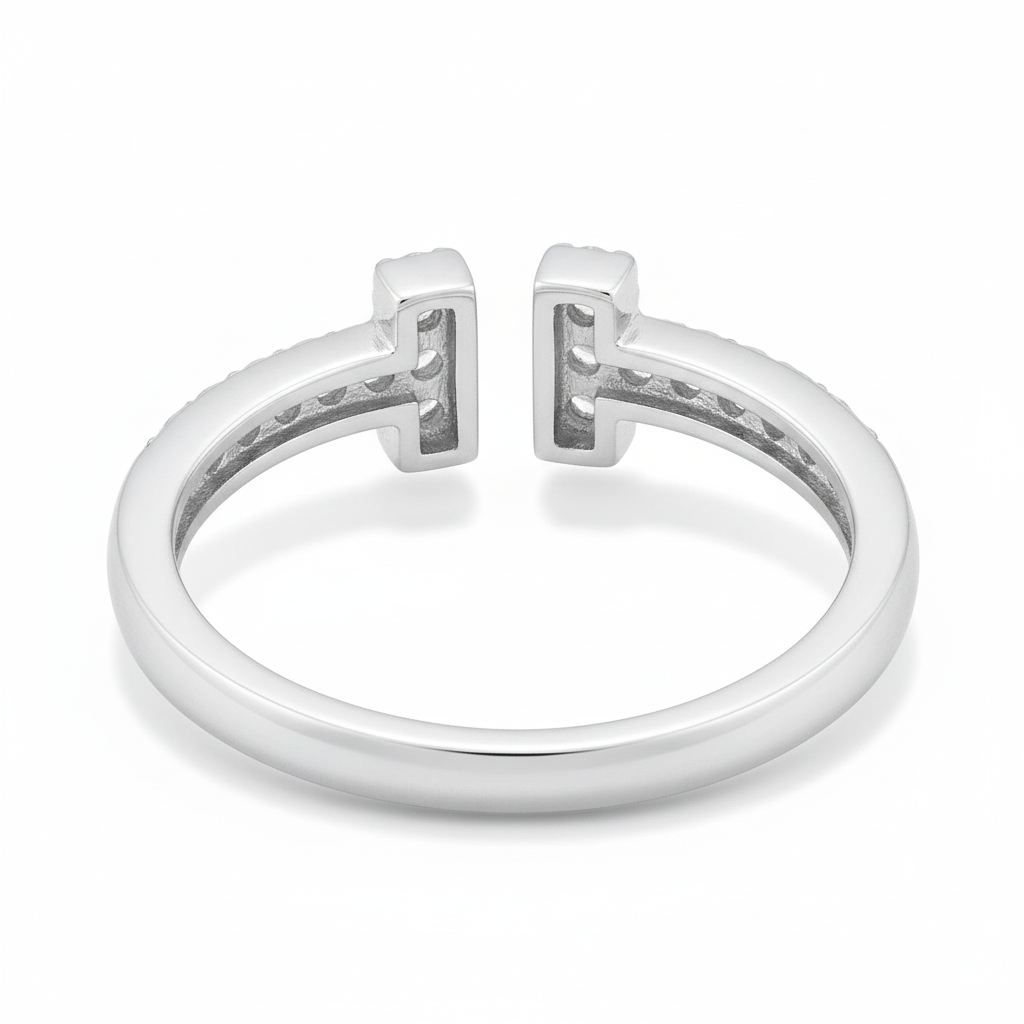 White Gold Plated Sterling Silver Moissanite Open T Band Ring – Modern Elegant Statement Jewelry