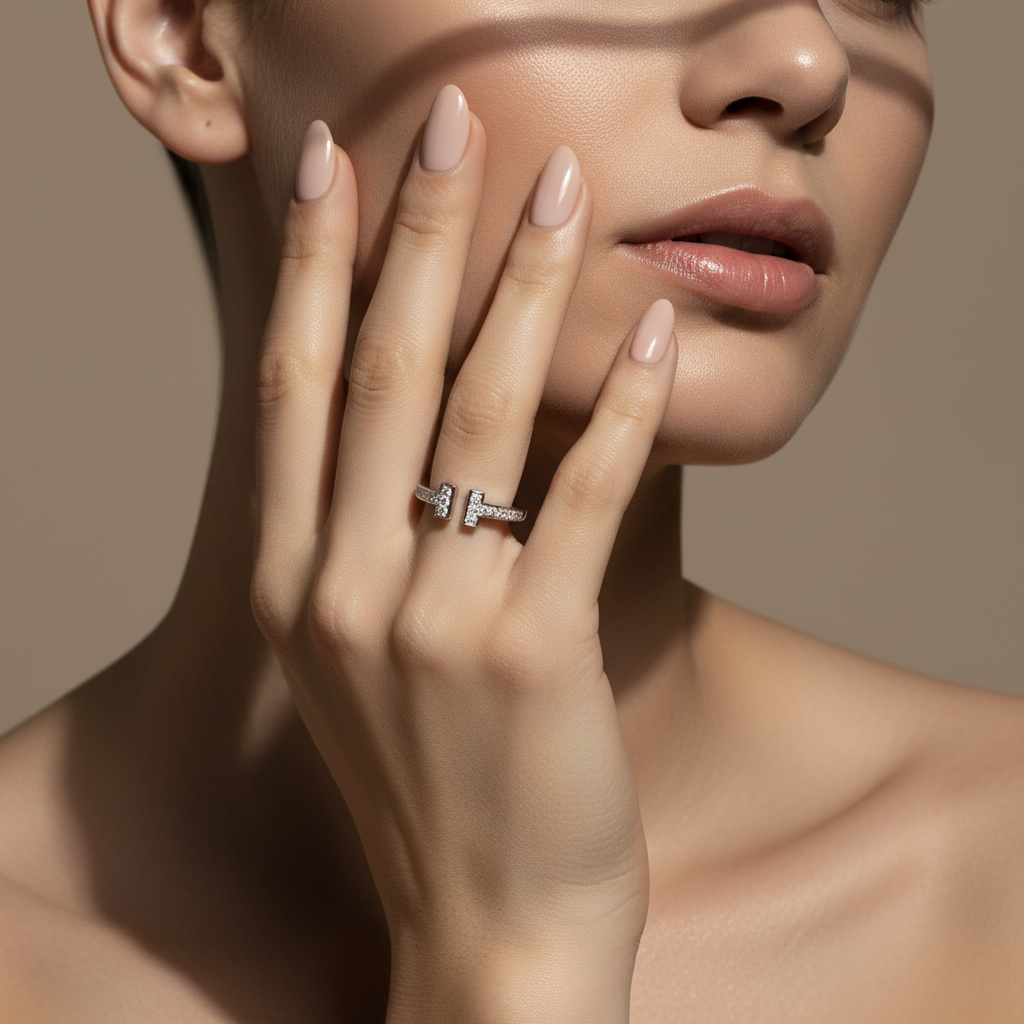 White Gold Plated Sterling Silver Moissanite Open T Band Ring – Modern Elegant Statement Jewelry