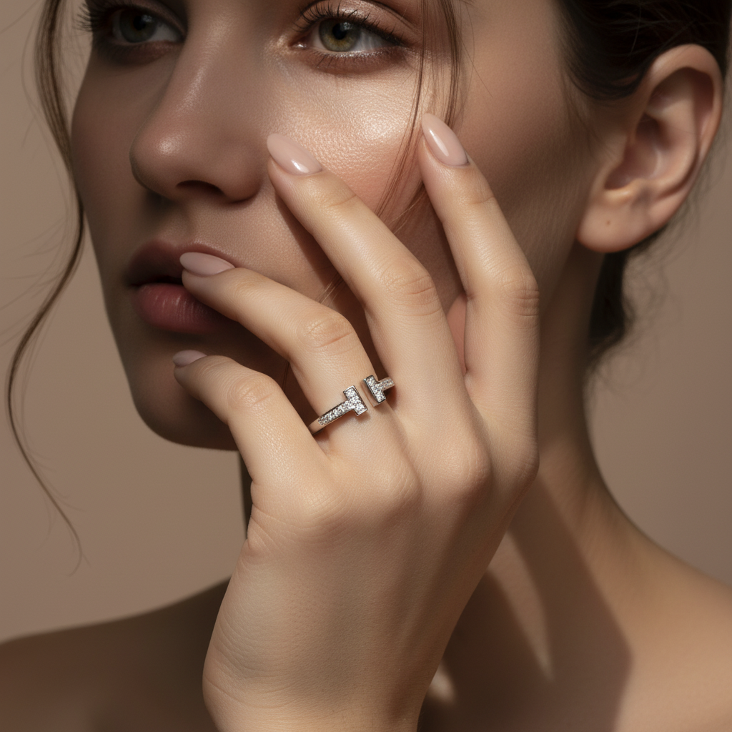 White Gold Plated Sterling Silver Moissanite Open T Band Ring – Modern Elegant Statement Jewelry