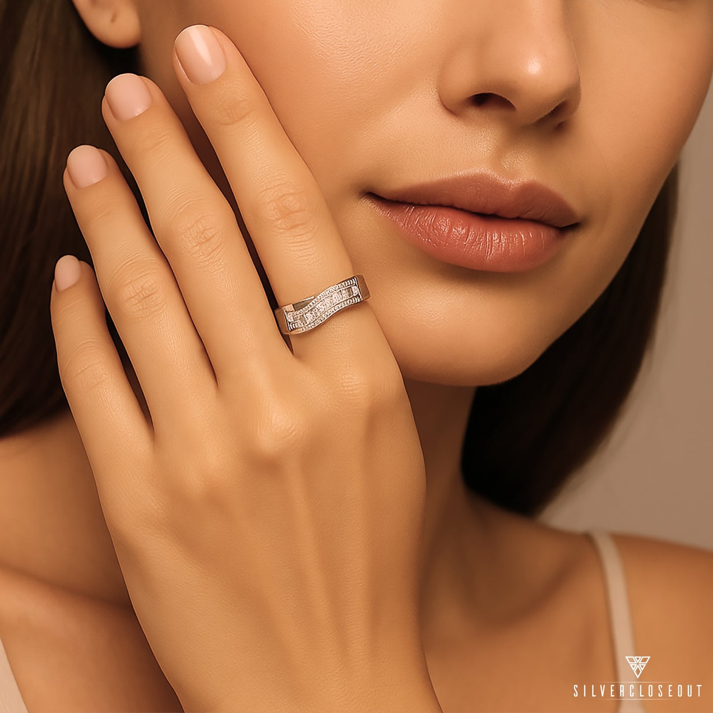 White Gold Plated Sterling Silver Moissanite Wave Statement Ring for Women – 42 Sparkling Baguette-Cut Stones, 12mm Wide, Gift Box Included (Sizes 4–10)
