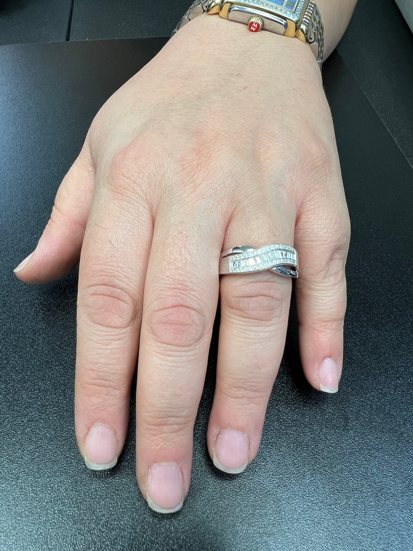 White Gold Plated Sterling Silver Moissanite Wave Statement Ring for Women – 42 Sparkling Baguette-Cut Stones, 12mm Wide, Gift Box Included (Sizes 4–10)