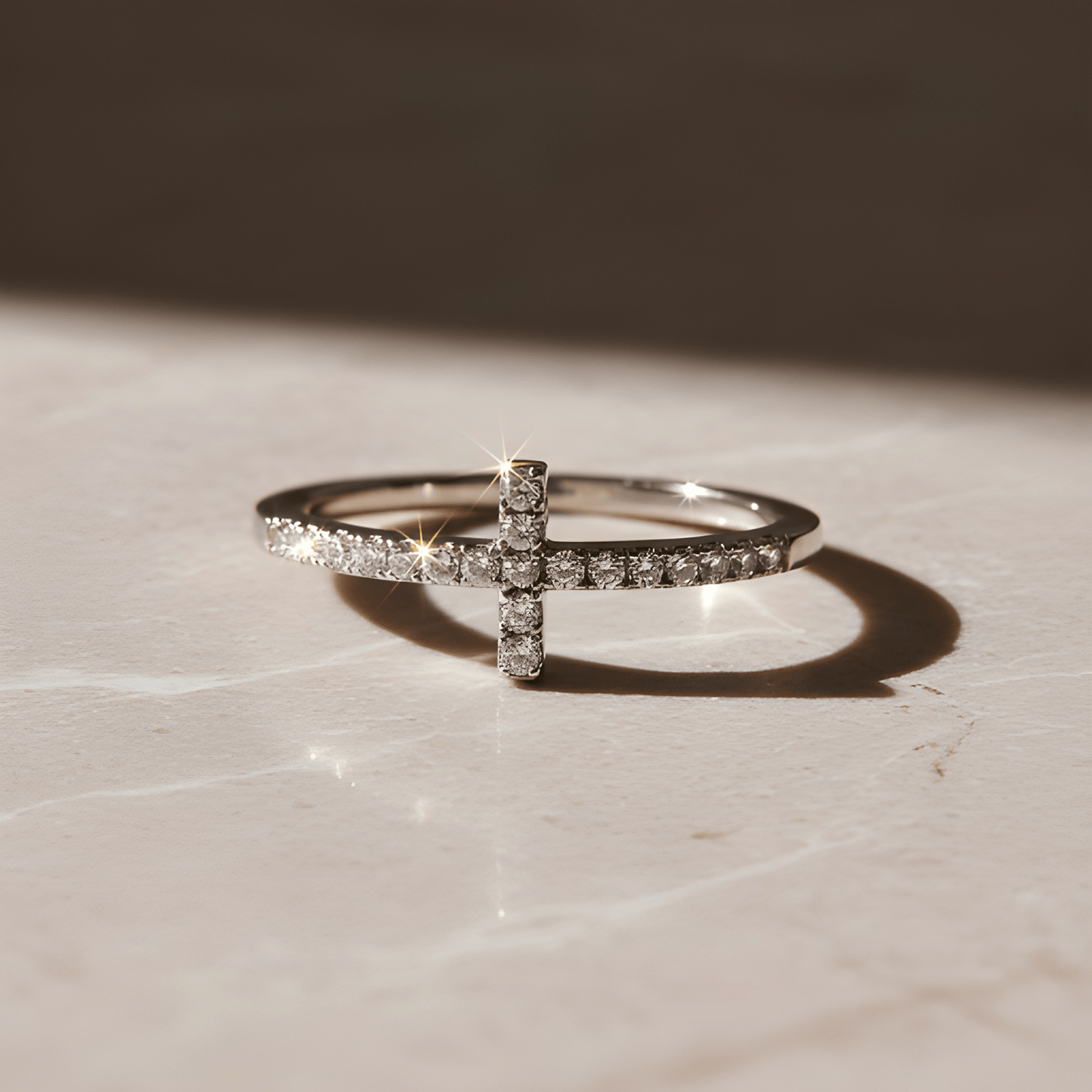 White Gold Over Sterling Silver Womens Cz Thin Stackable Sideways Cross Ring