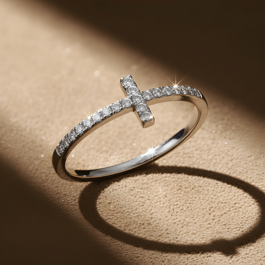 White Gold Over Sterling Silver Womens Cz Thin Stackable Sideways Cross Ring