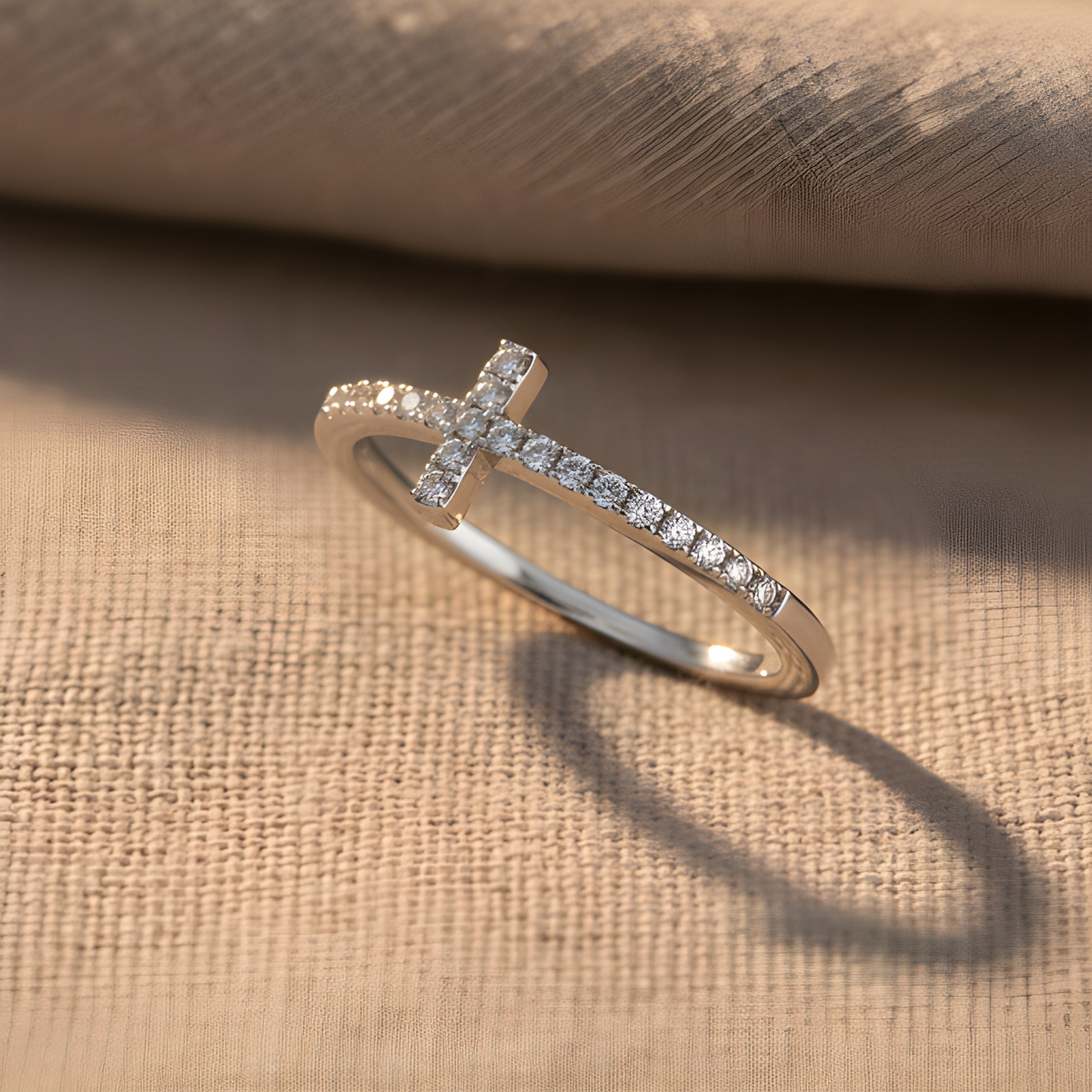 White Gold Over Sterling Silver Womens Cz Thin Stackable Sideways Cross Ring