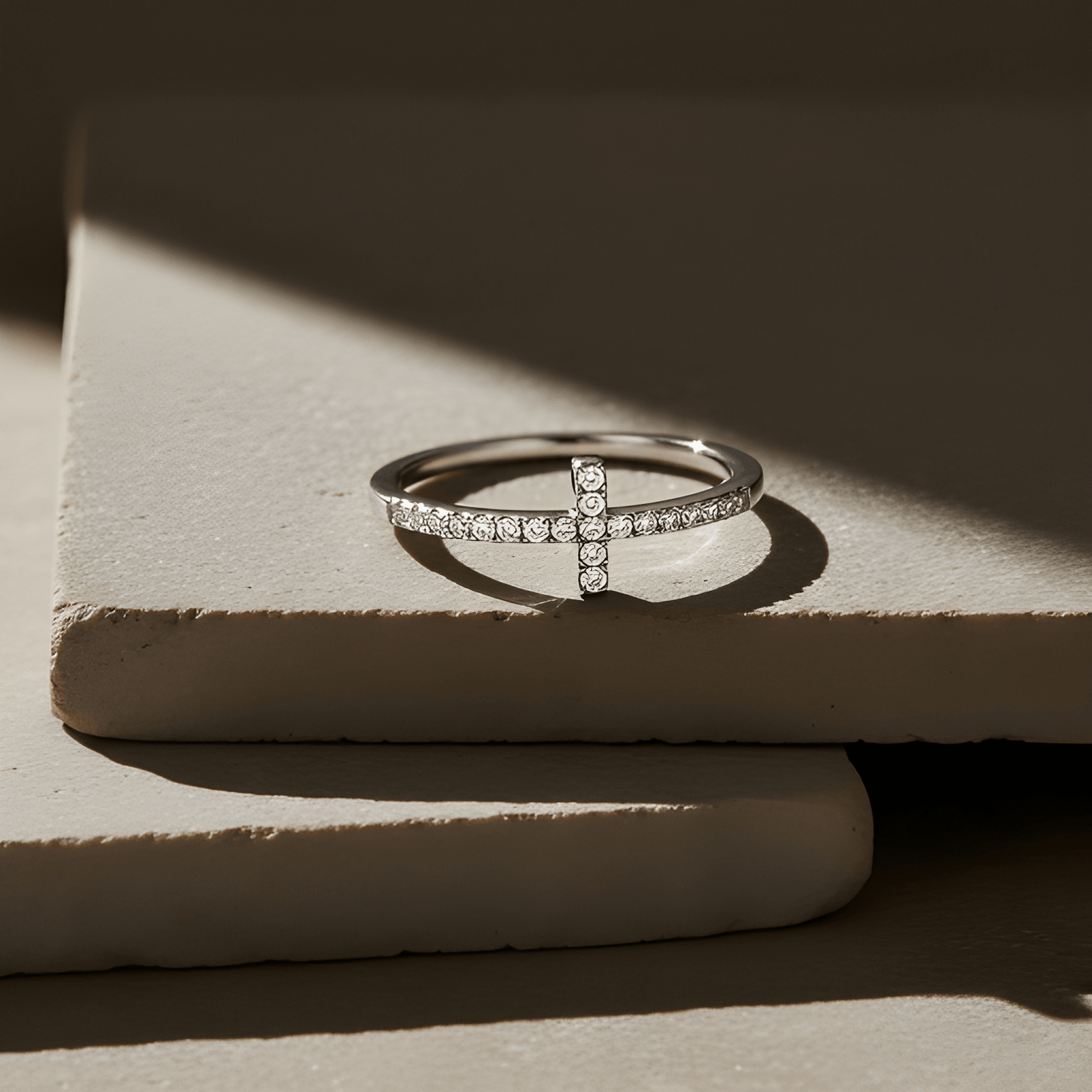 White Gold Over Sterling Silver Womens Cz Thin Stackable Sideways Cross Ring