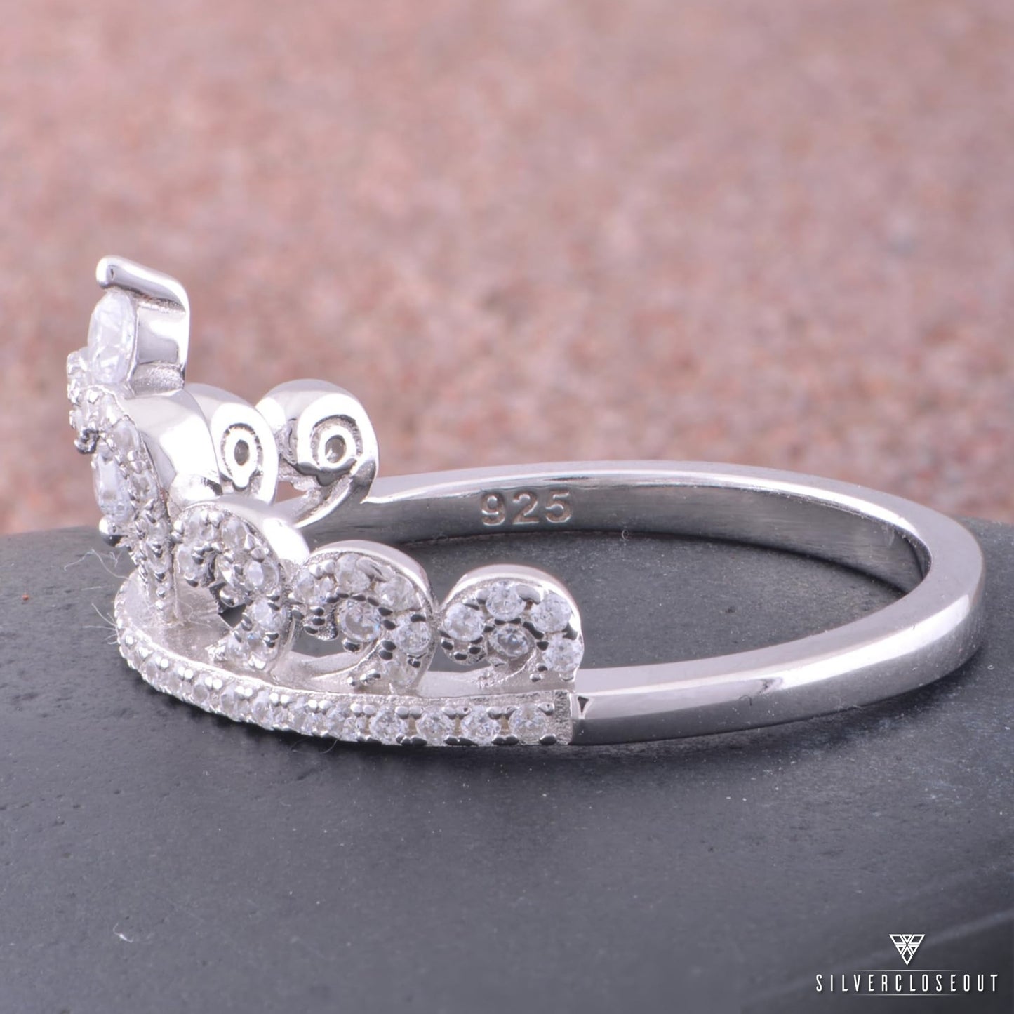 Sterling Silver Cz Heart Crown Ring