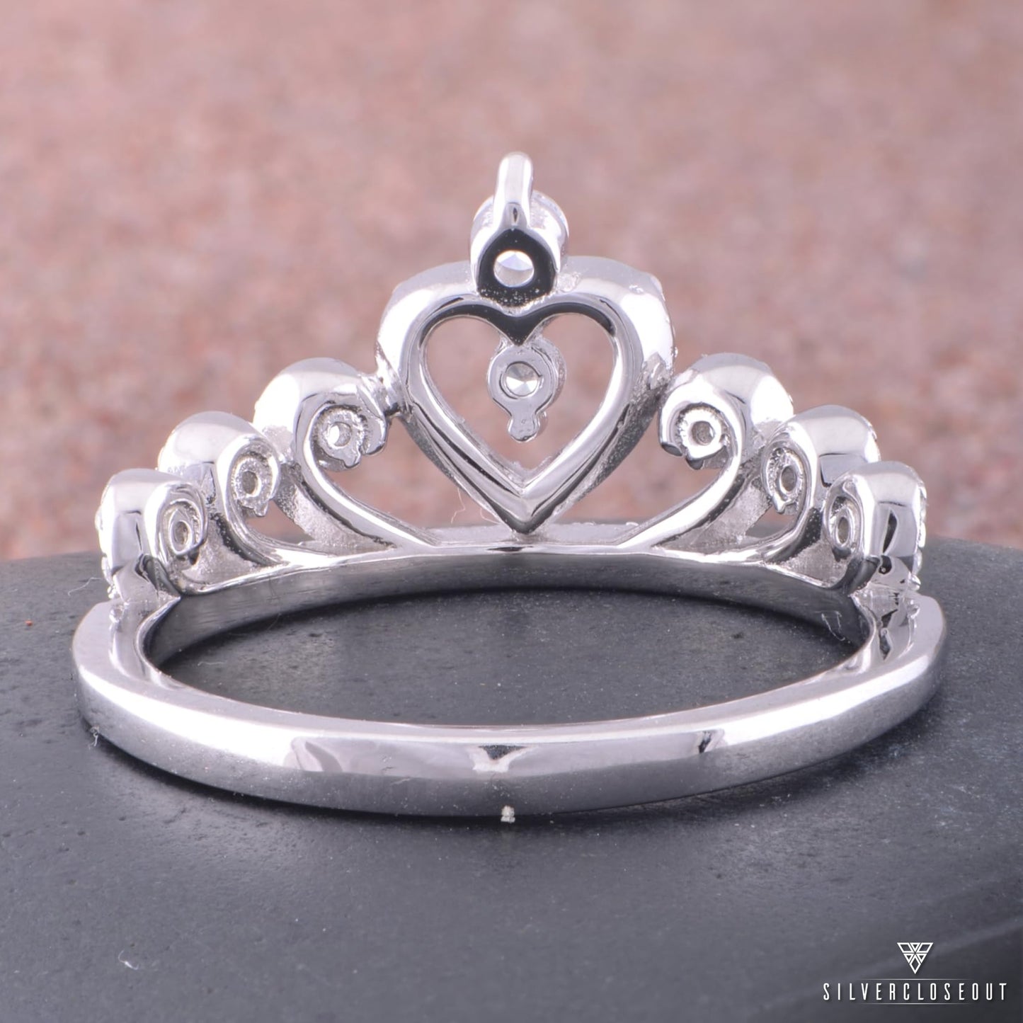 Sterling Silver Cz Heart Crown Ring