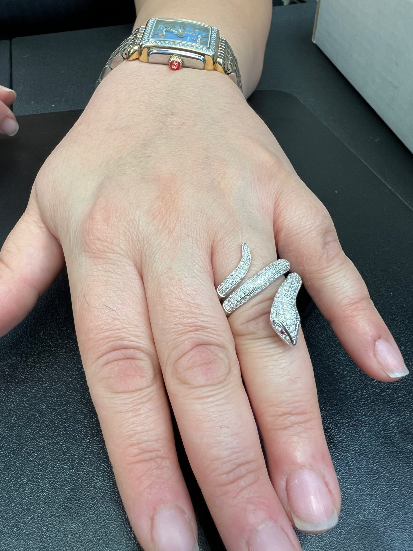 Rhodium-Plated Sterling Wrap Around Snake Ring for Women – Simulated Diamond CZ