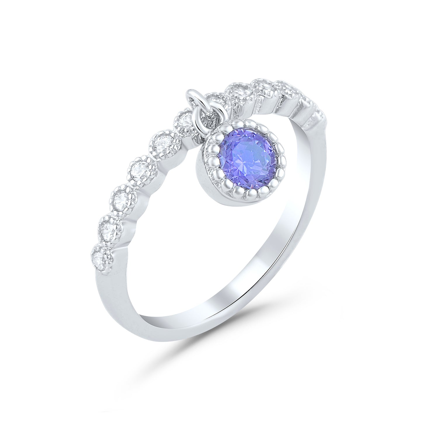 White Gold over Sterling Silver Women's Thin Stackable Dangling Charm CZ Ring