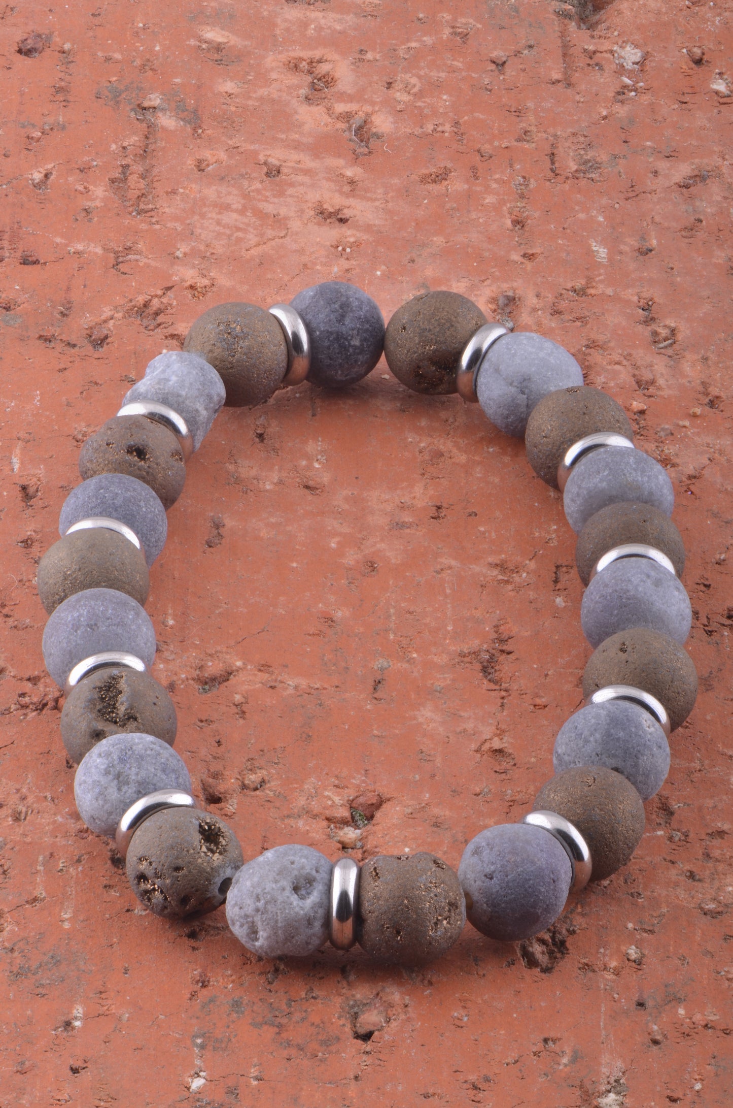 7-Inch Stretchy Stainless Steel Bracelet with Silver & Champagne Druzy Stone