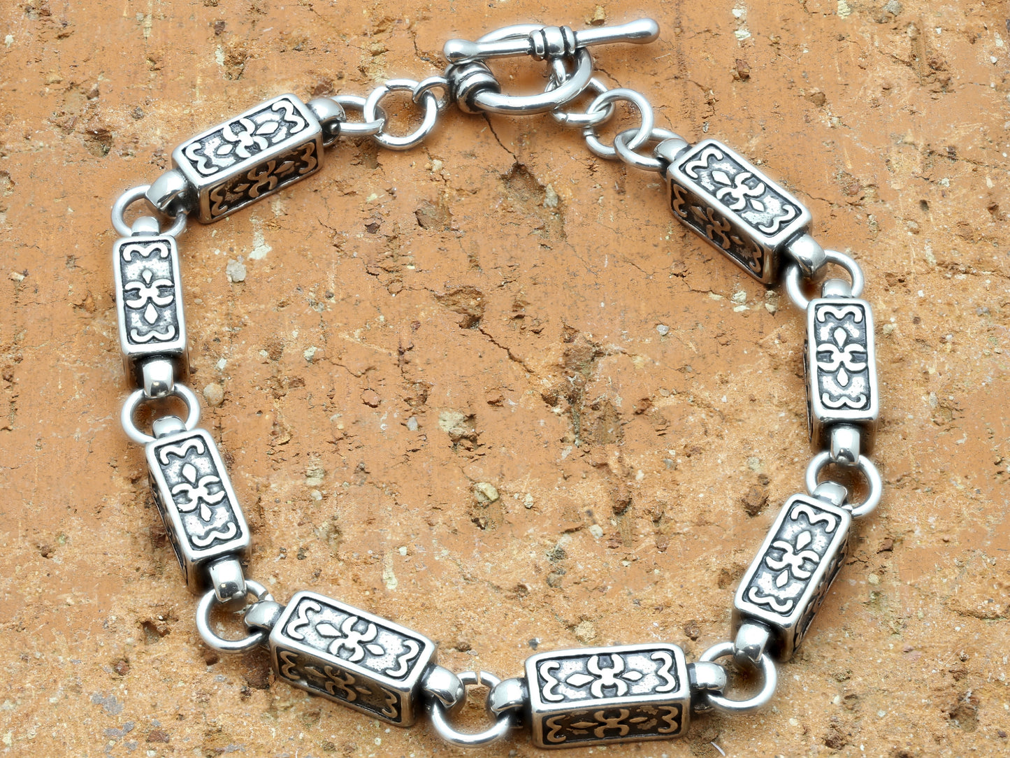 Stainless Steel Rectangular Fleur De Lis Link Chain Bracelet - 8.5 Inch Length