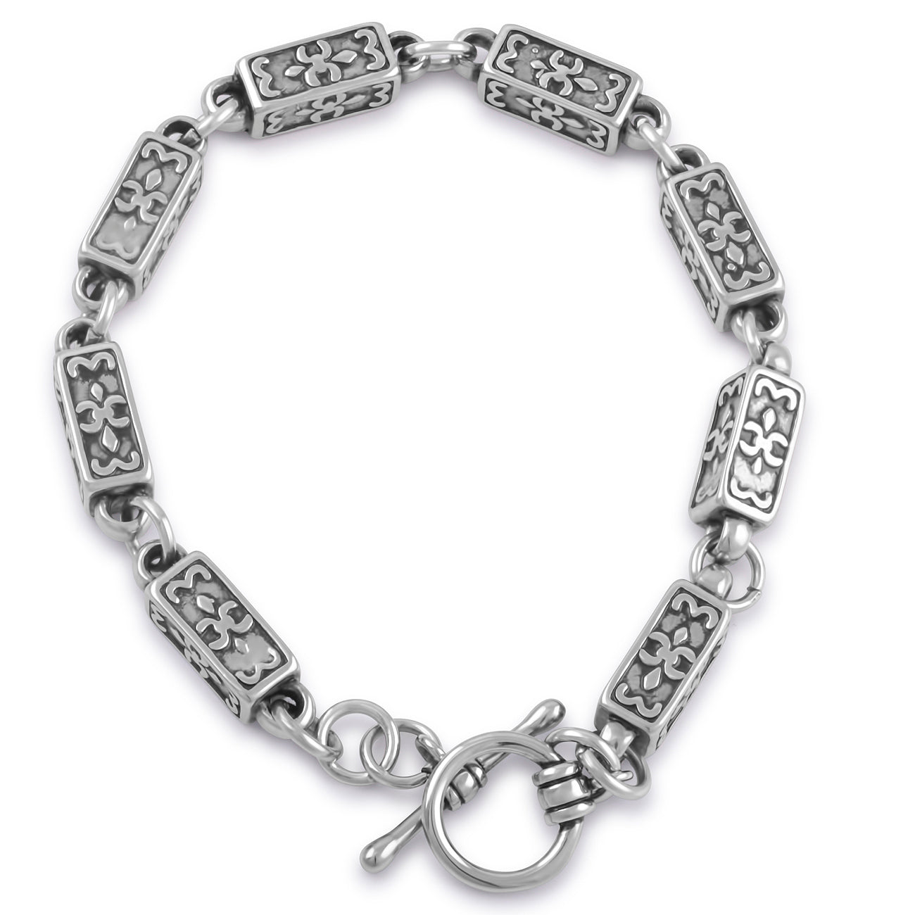Stainless Steel Rectangular Fleur De Lis Link Chain Bracelet - 8.5 Inch Length