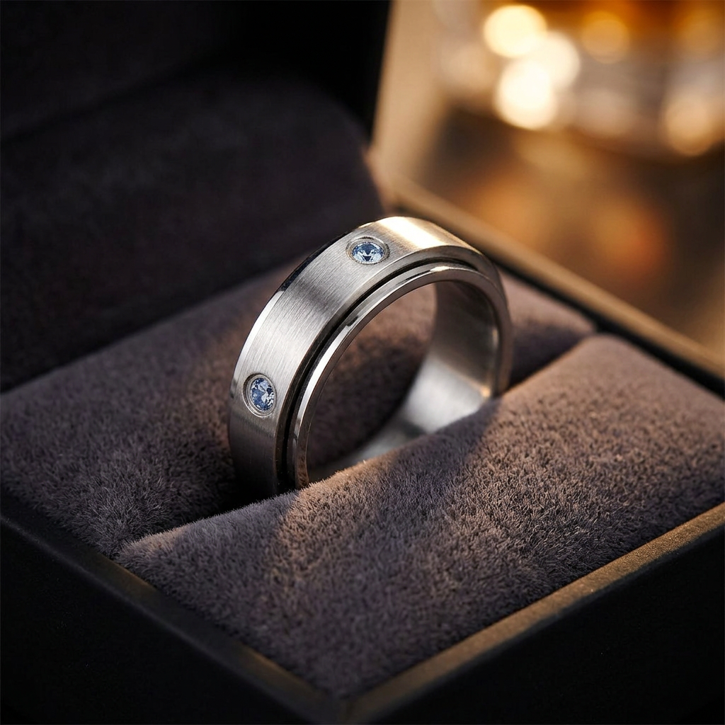 Stainless Steel 6mm Silver Spinner Band Ring with Blue CZ for Men and Women life3