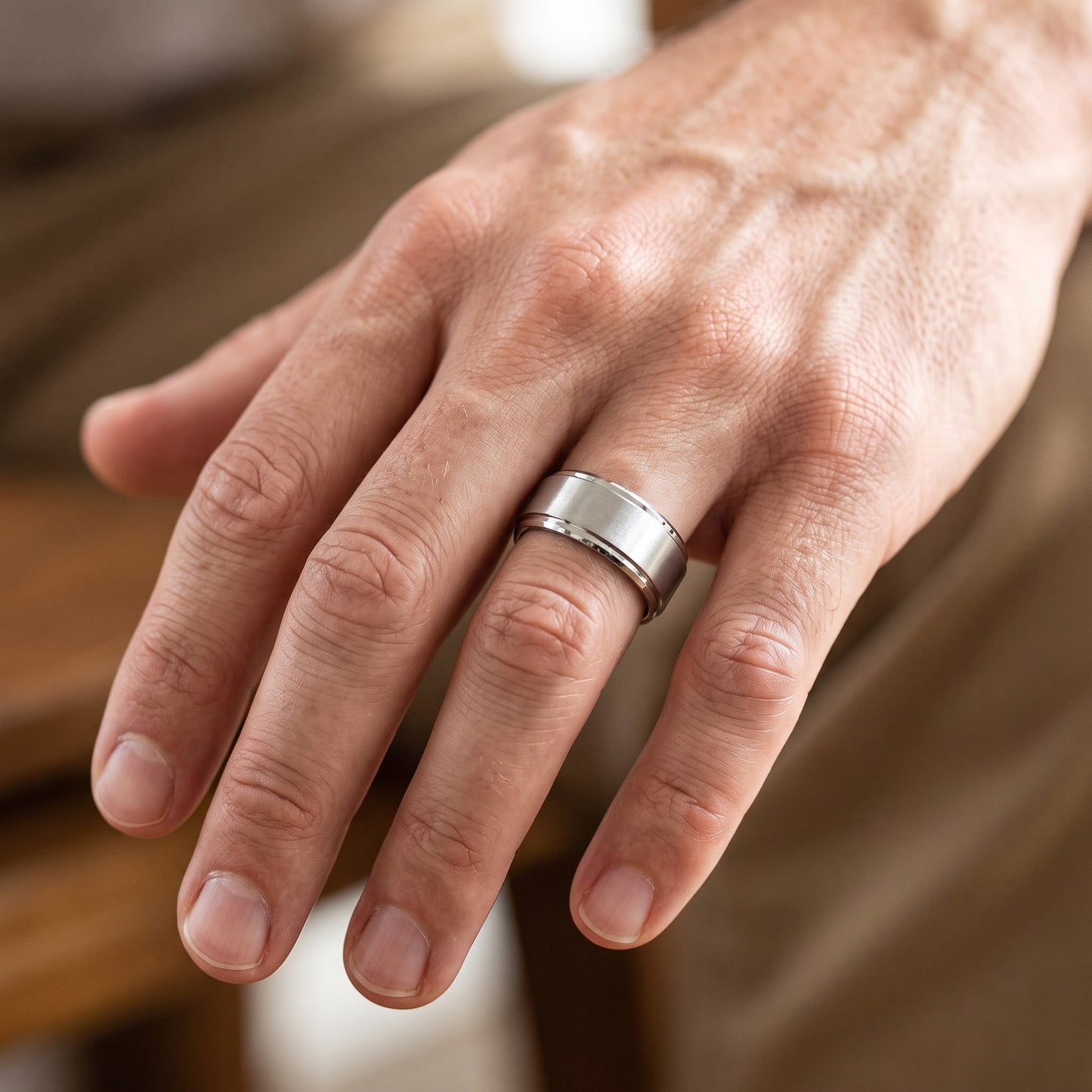 Stainless Steel Men's Polished Beveled Satin Finish Wedding Band Ring, Comfort Fit, Gift for Him view 5