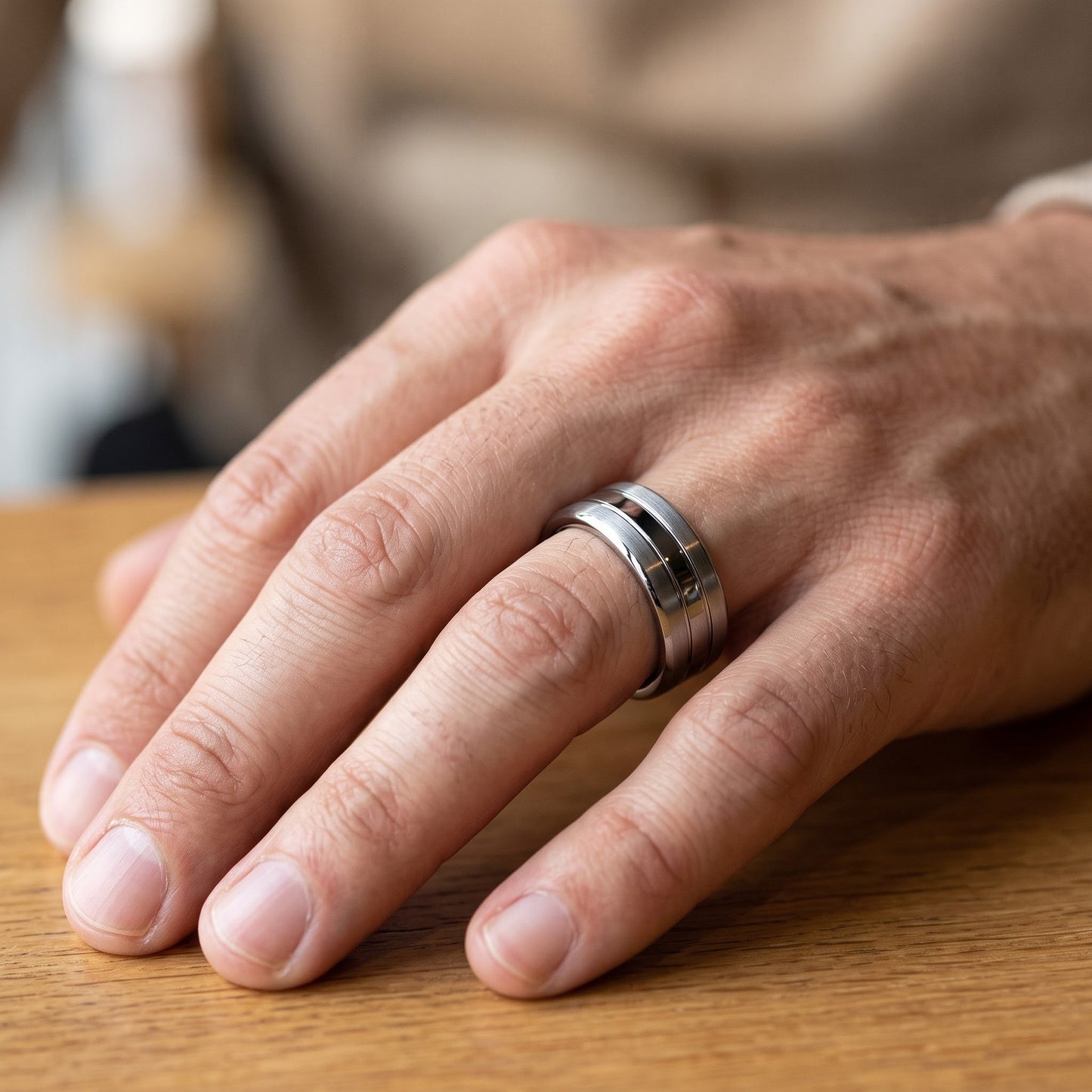 Stainless Steel Men's Center Polished Double Groove Satin Finish Wedding Band Ring, Comfort Fit, Gift for Him view 5