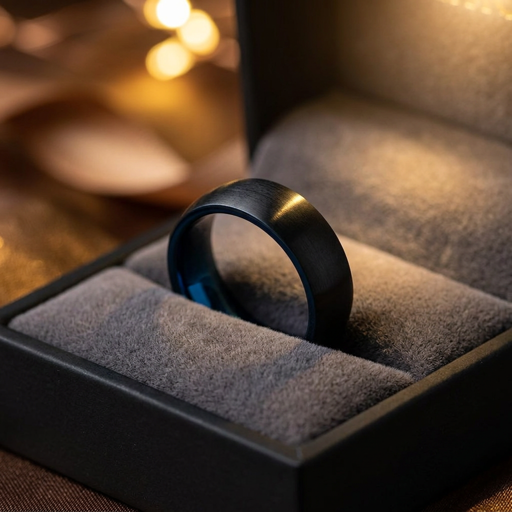 Titanium 8mm Black and Blue Matte Comfort Fit Wedding Band for Men life3