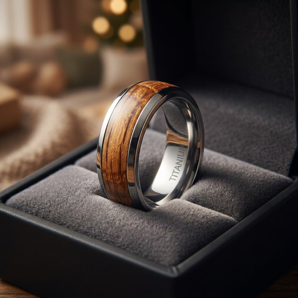 Titanium 8mm Whiskey Barrel Wood Inlay Comfort Fit Wedding Band for Men life3