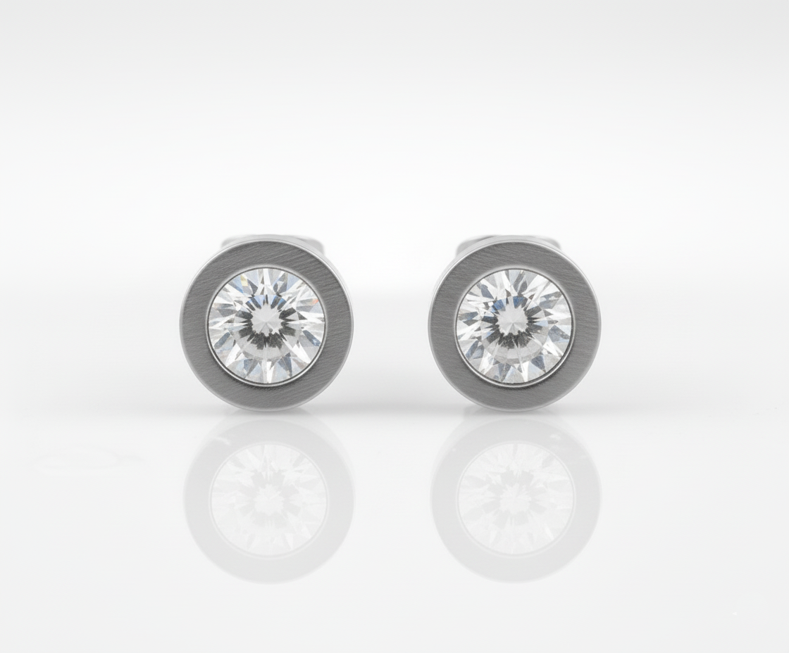 Stainless Steel Bezel Set Round Cubic Zirconia Stud Earrings for Women – Hypoallergenic, Modern Minimalist Design