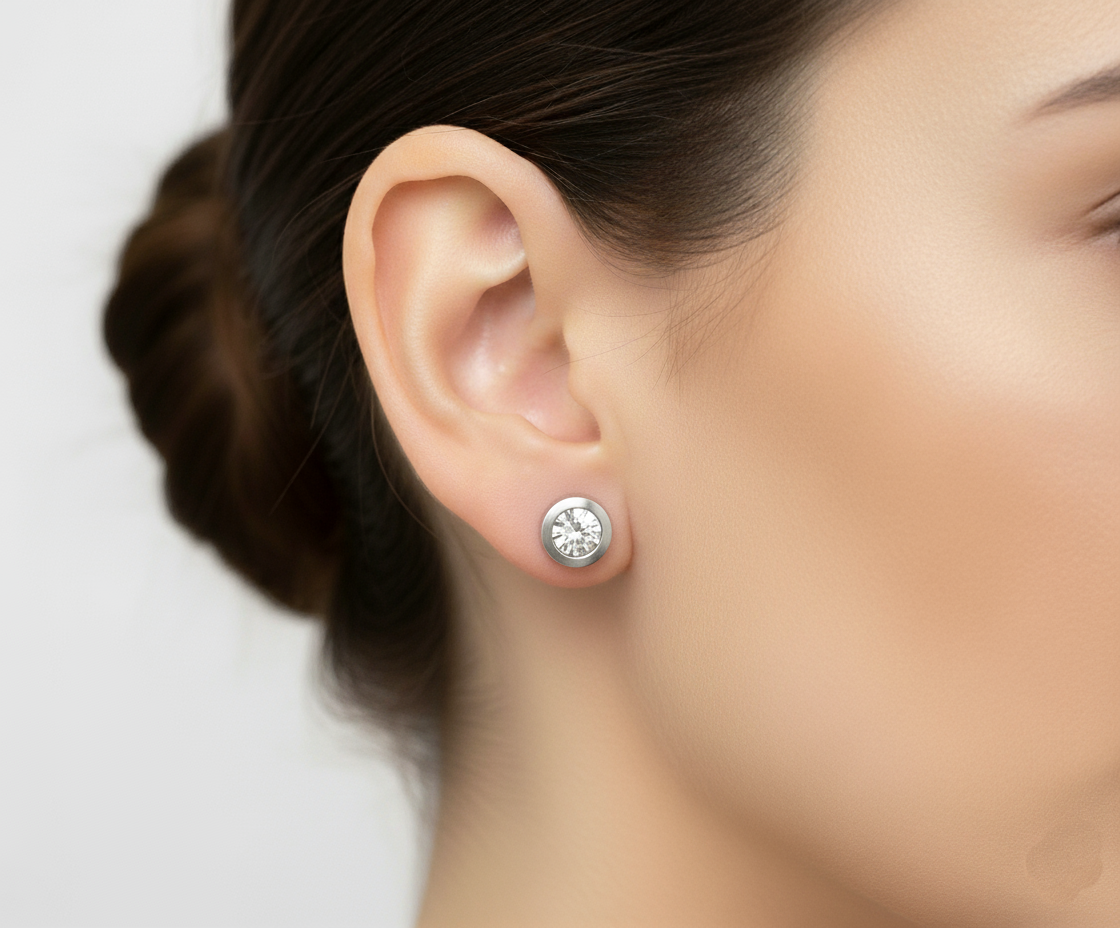 Stainless Steel Bezel Set Round Cubic Zirconia Stud Earrings for Women – Hypoallergenic, Modern Minimalist Design