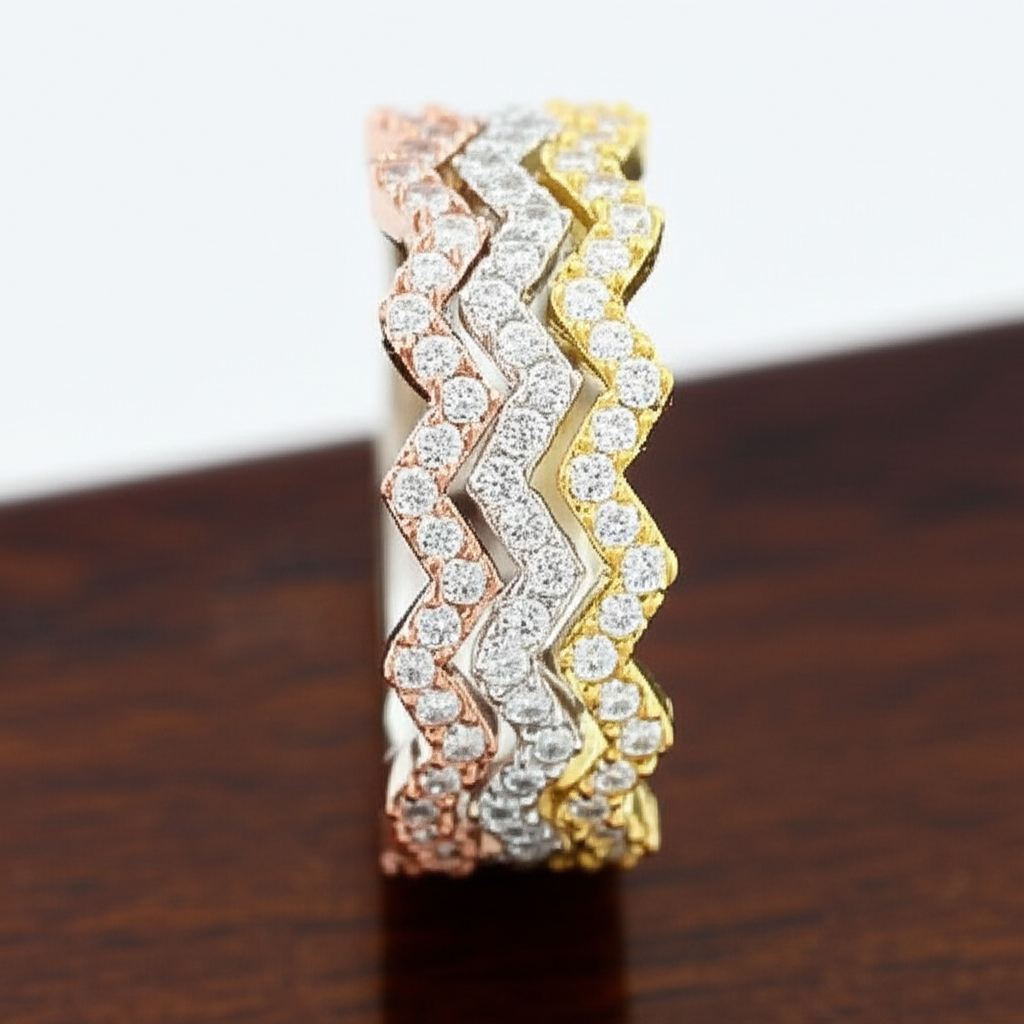 3-Piece Tri-Color Sterling Silver Zig Zag Eternity Ring Set for Women – Rose, Yellow & White Gold Plated