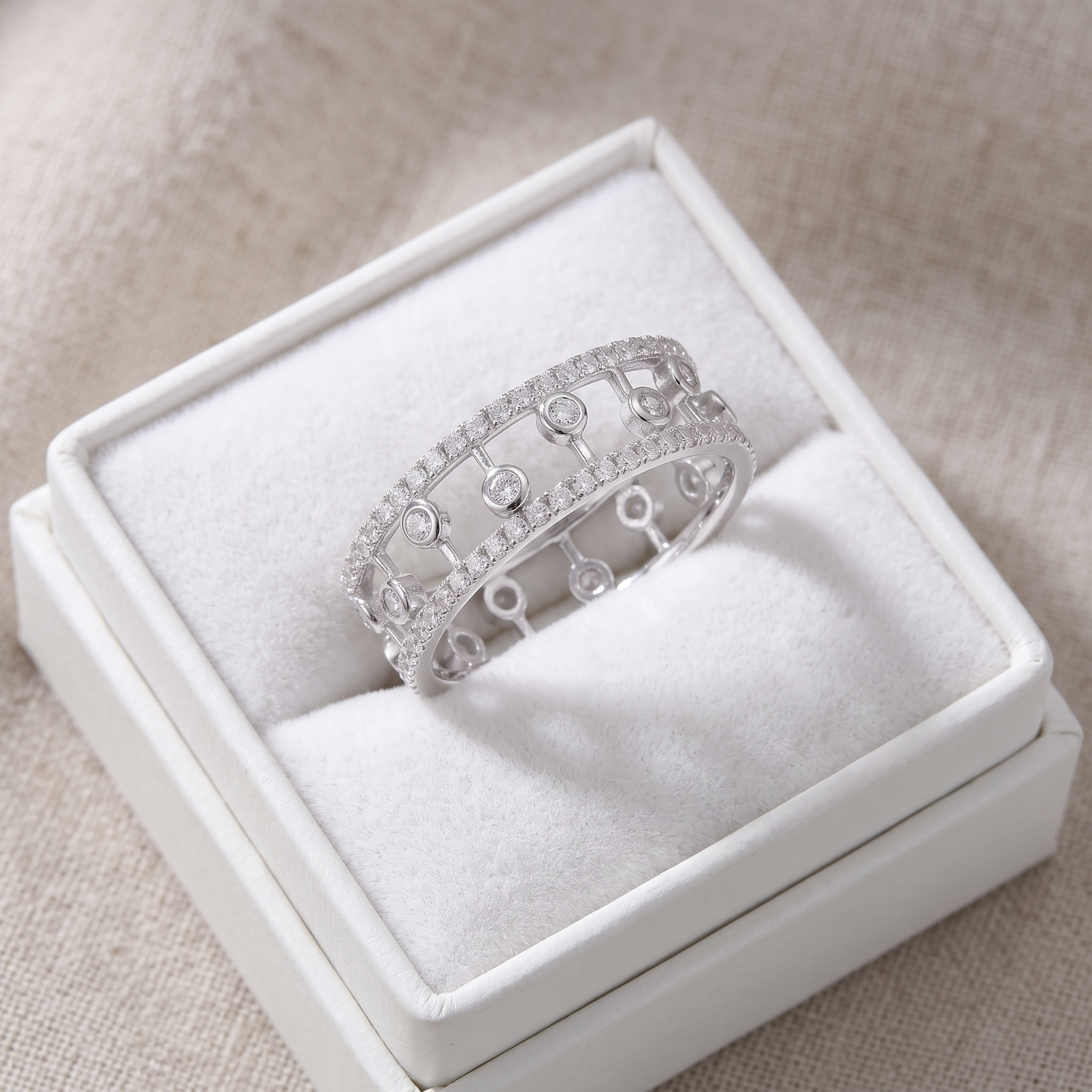 Sterling Silver CZ Statement Eternity Ring in a white gift box, ready to give
