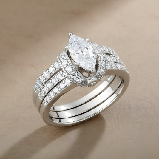 Sterling Silver Marquise & Round CZ Engagement Ring Set – White Gold Plated, Sizes 3–13