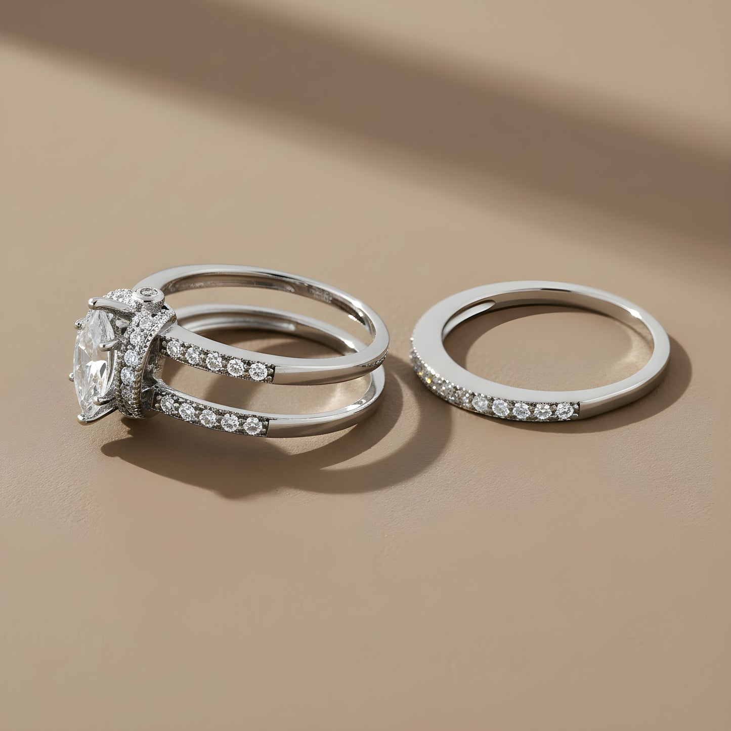 Sterling Silver Marquise & Round CZ Engagement Ring Set – White Gold Plated, Sizes 3–13