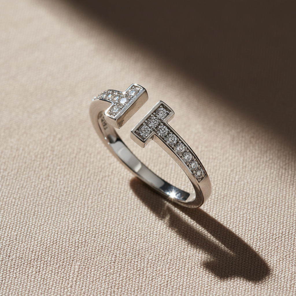 White Gold Plated Sterling Silver Moissanite Open T Band Ring – Modern Elegant Statement Jewelry