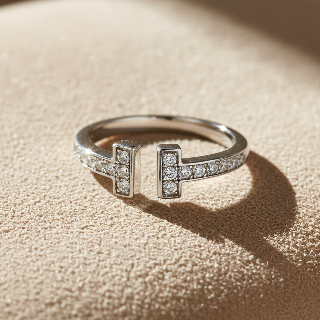 White Gold Plated Sterling Silver Moissanite Open T Band Ring – Modern Elegant Statement Jewelry