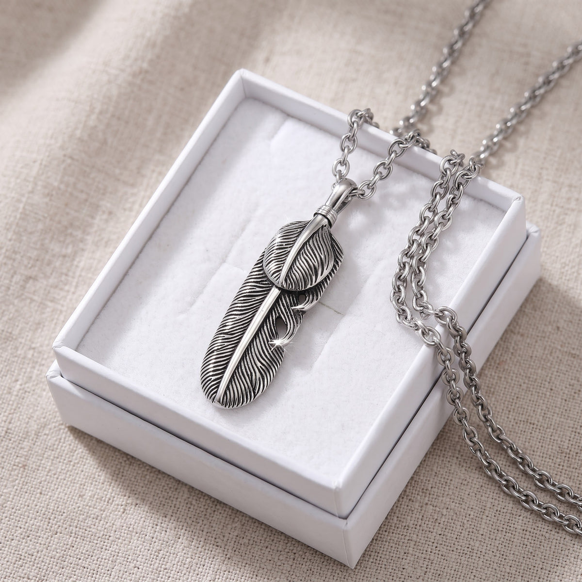 Stainless Steel Women's Feather of Wisdom Charm Necklace - 36 Inch Length, 36" in a white gift box, ready to give