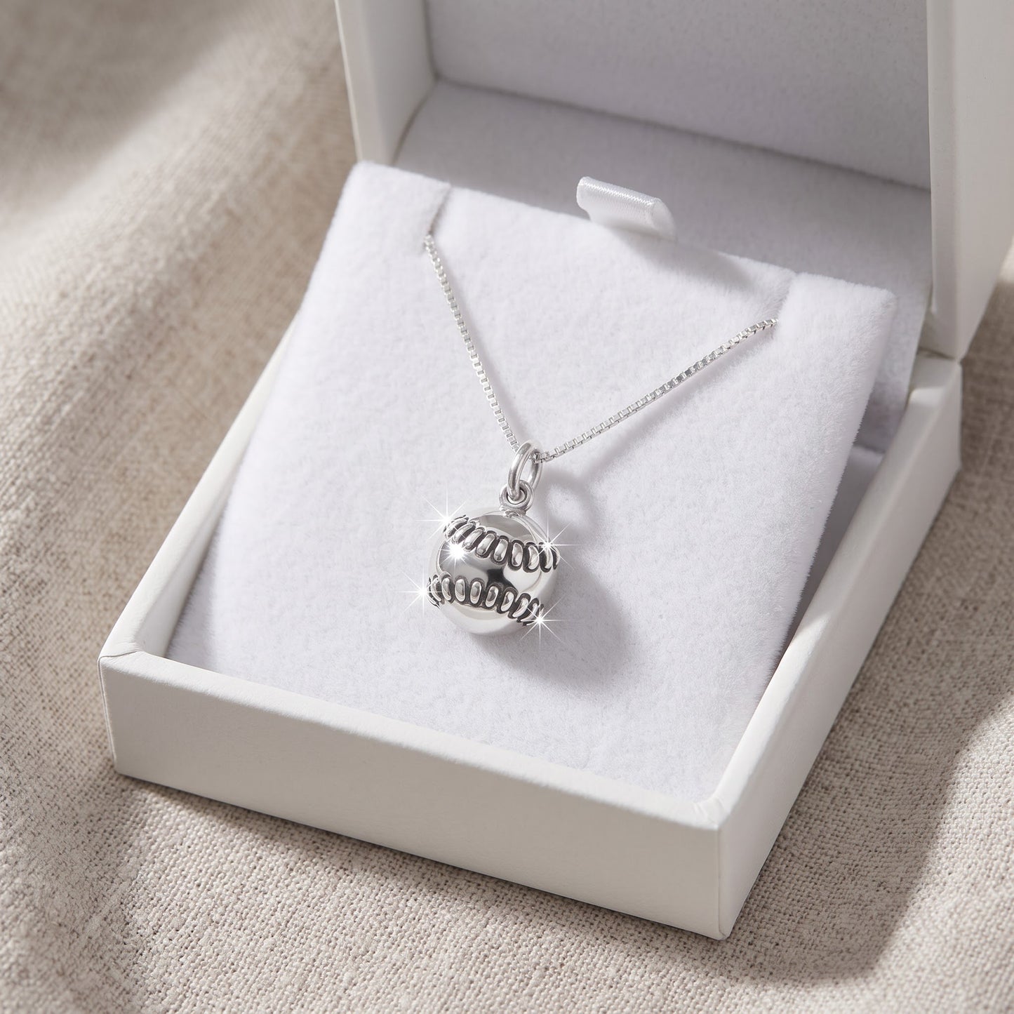 Sterling Silver Baseball Charm Necklace, 18" in a white gift box, ready to give