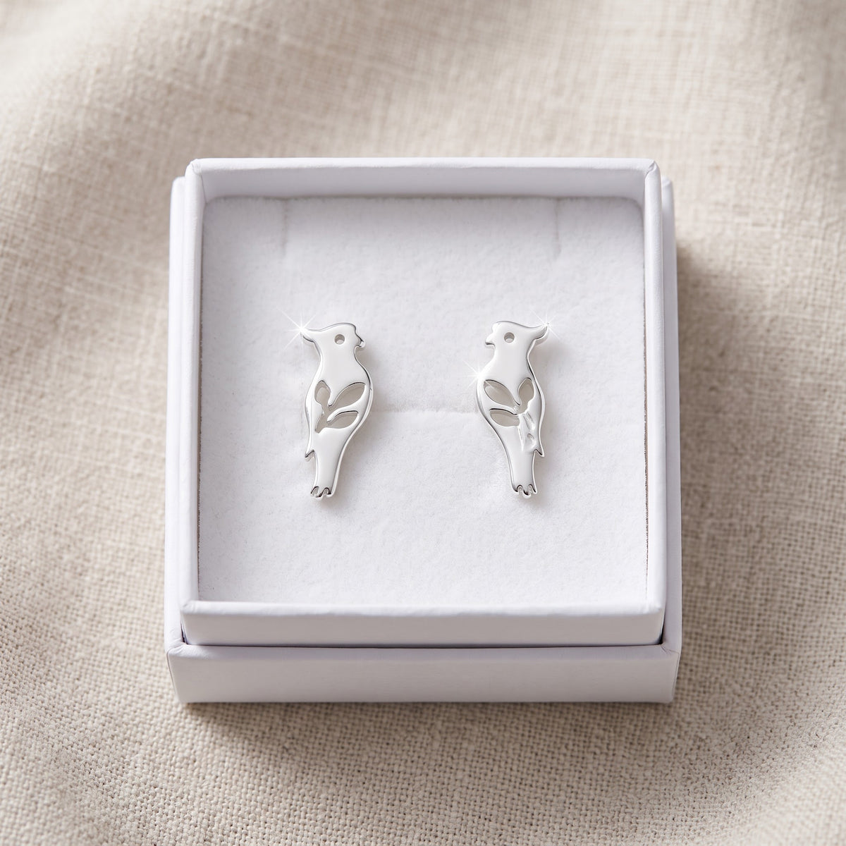 Sterling Silver Parrot Tropical Bird Women's Stud Earrings Girls Parrot studs in a white gift box, ready to give