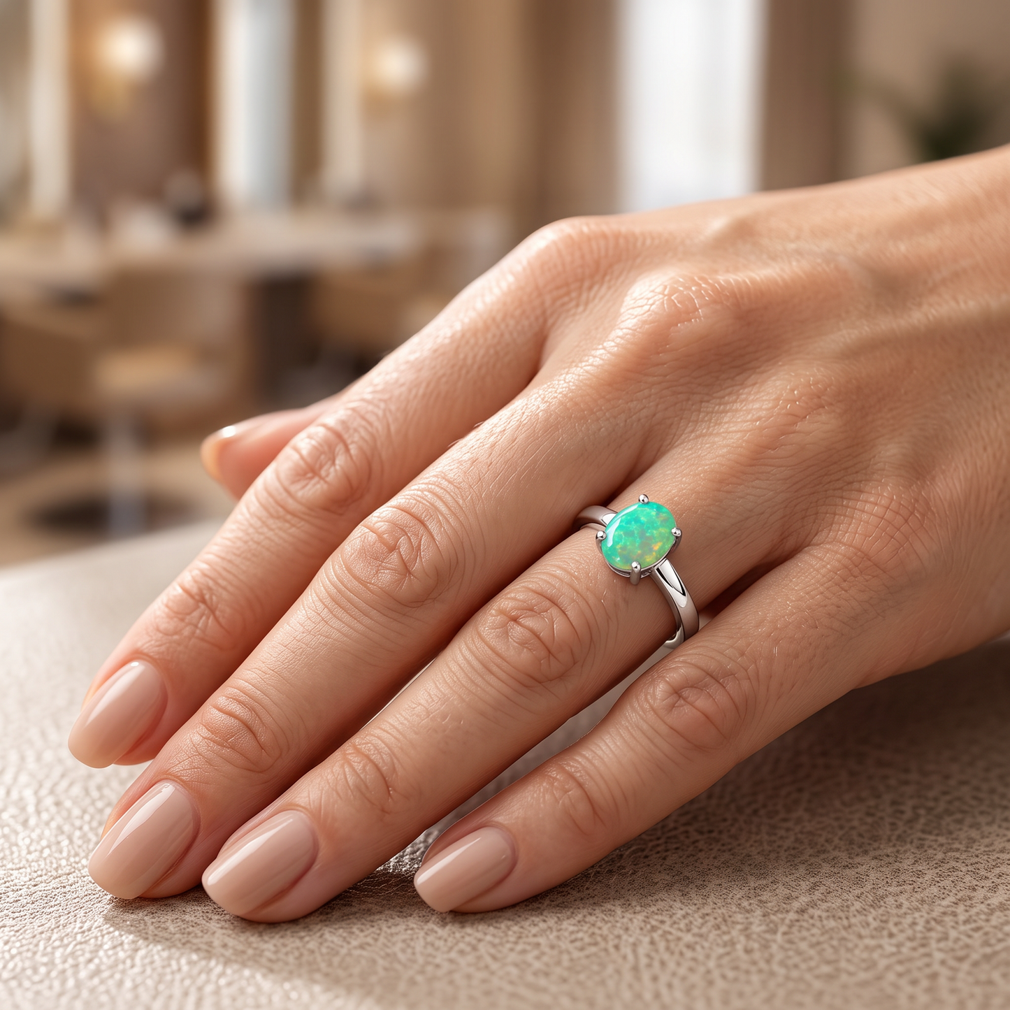 Sterling Silver Center Stone Charmed Green Lab Opal Ring worn on hand
