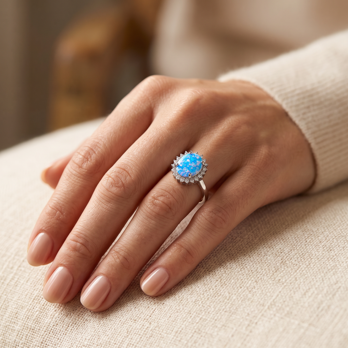 Sterling Silver Blue-Lavender Lab-Opal CZRing worn on hand
