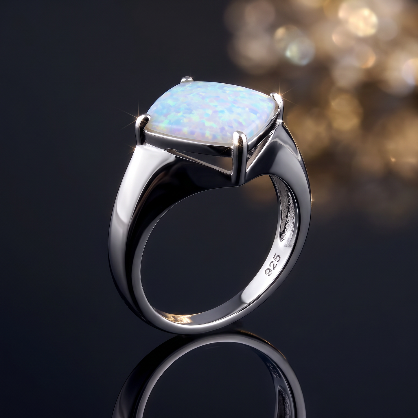 Sterling Silver White Lab Opal Diamond Ring close-up