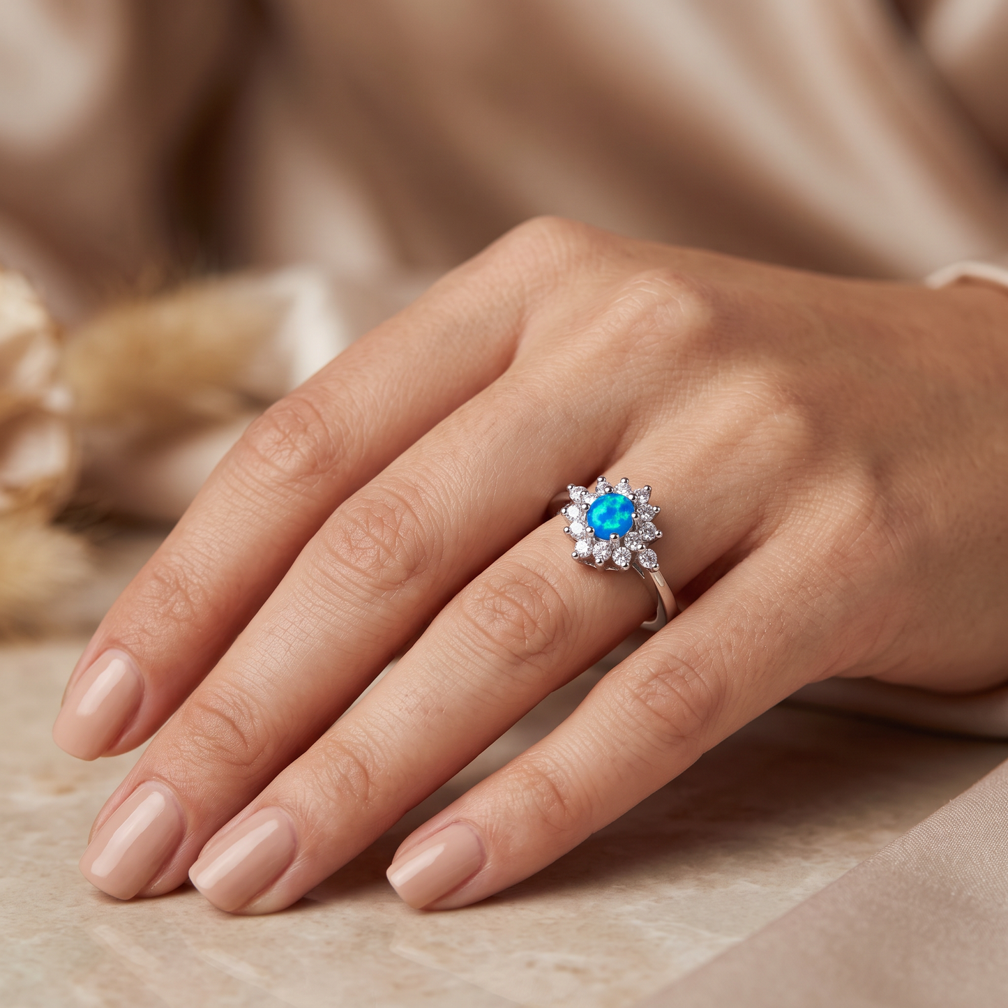 Sterling Silver Dainty Vintage Blue Lab Opal Halo Ring worn on hand