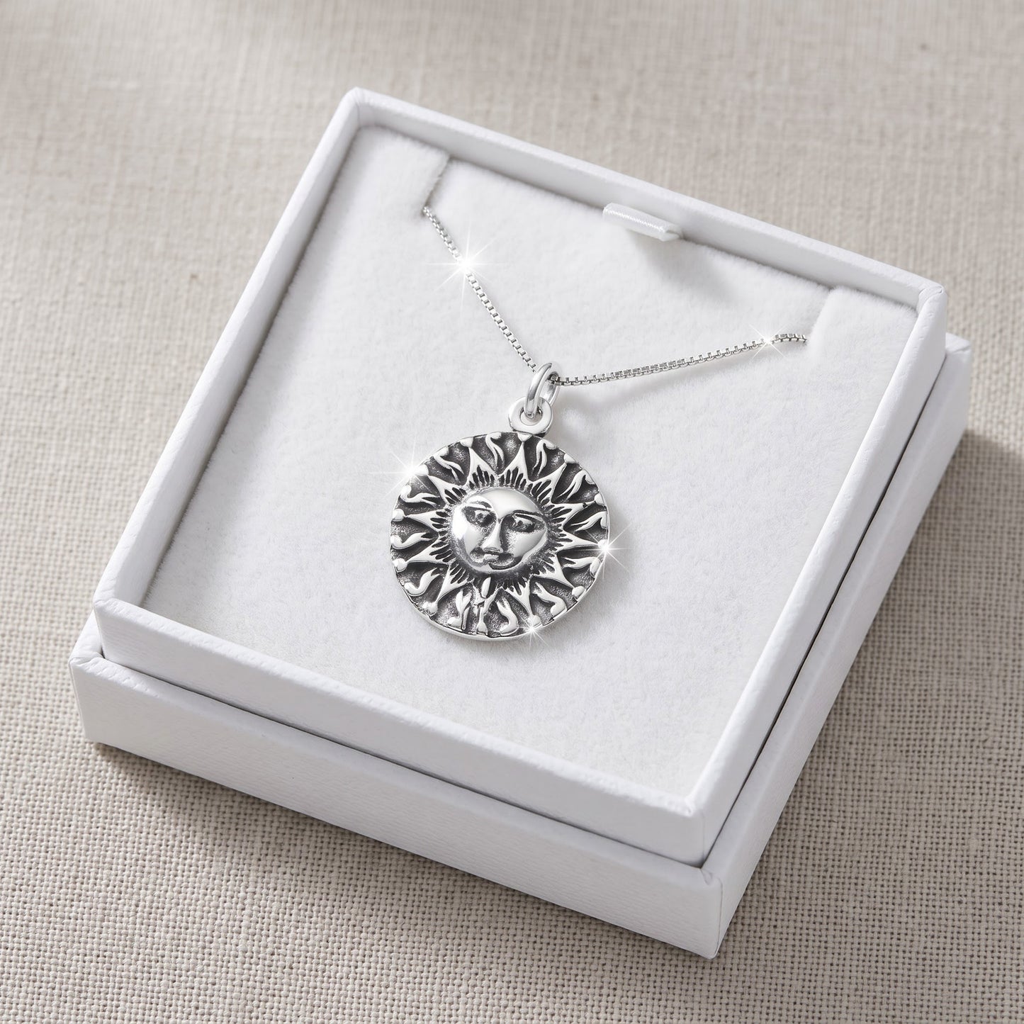 Sterling Silver Aztec Sun Necklace, 18" in a white gift box, ready to give