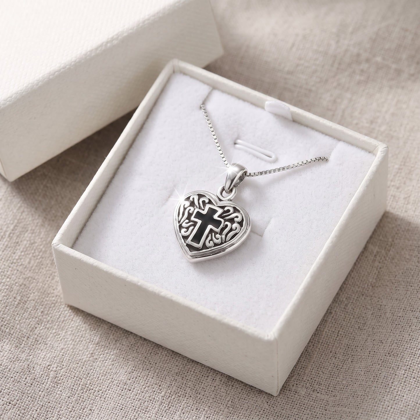 Sterling Silver Black Enamel Celtic Cross Heart Necklace in a white gift box, ready to give